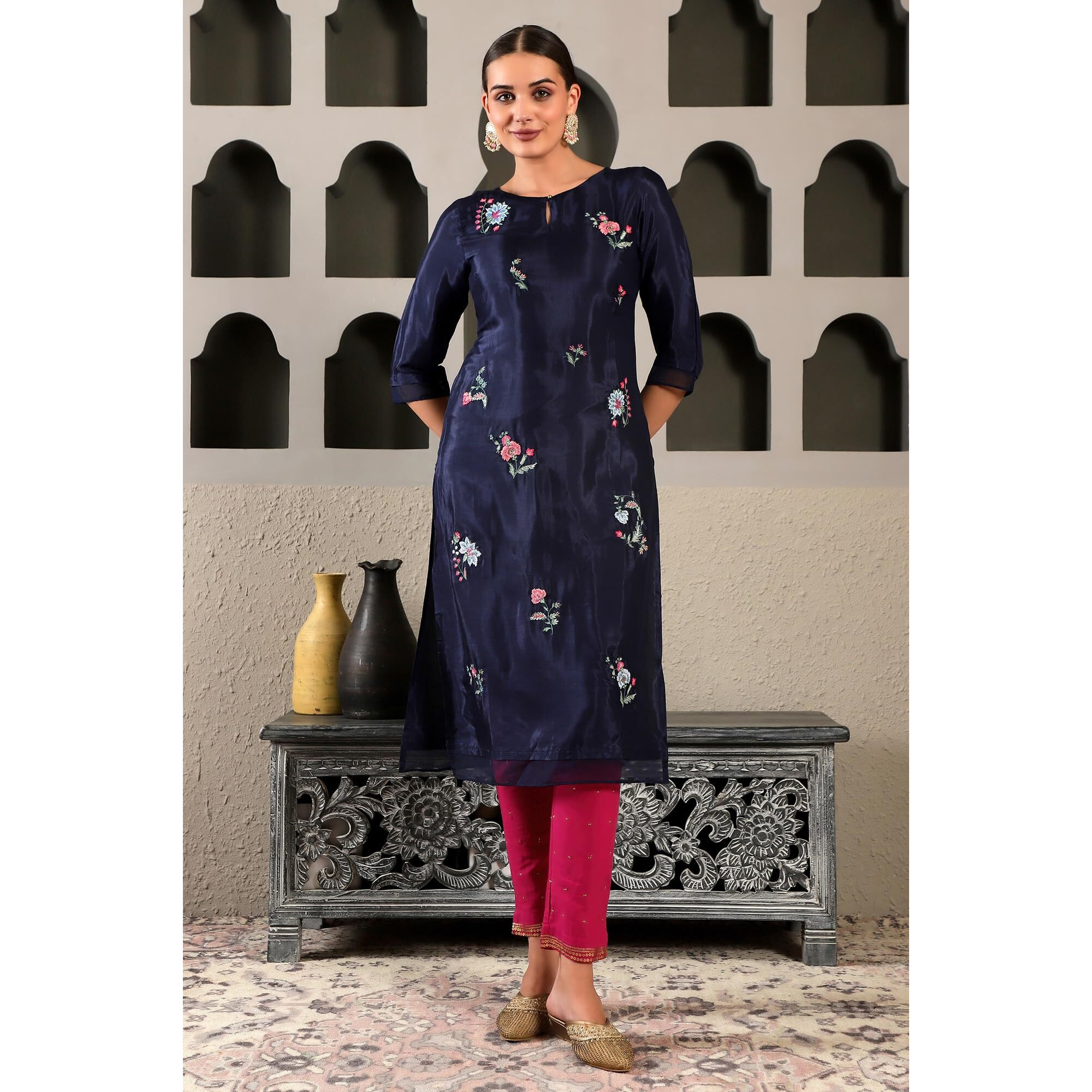 W Navy Blue Embroidered Straight Long Kurta For Women