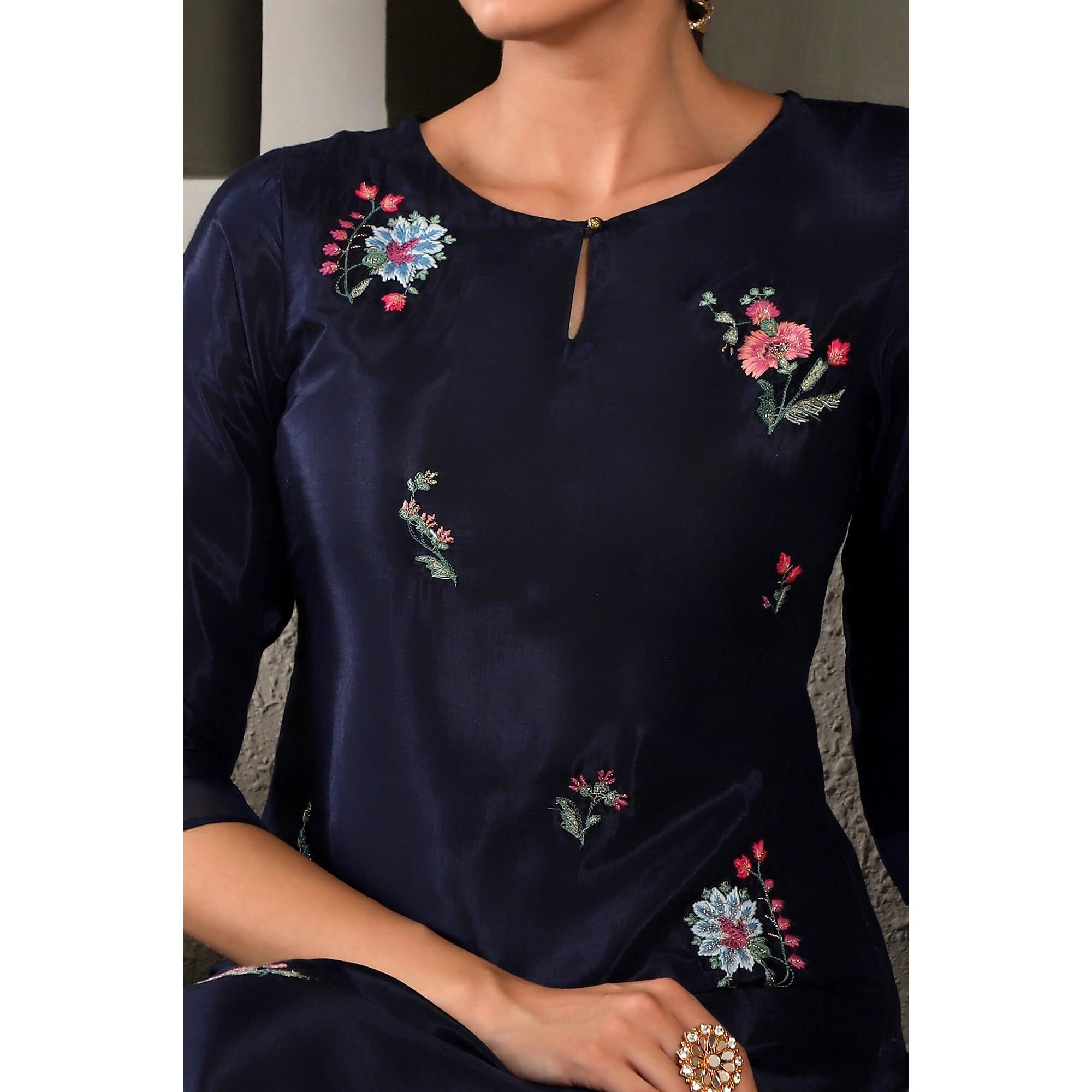 W Navy Blue Embroidered Straight Long Kurta For Women