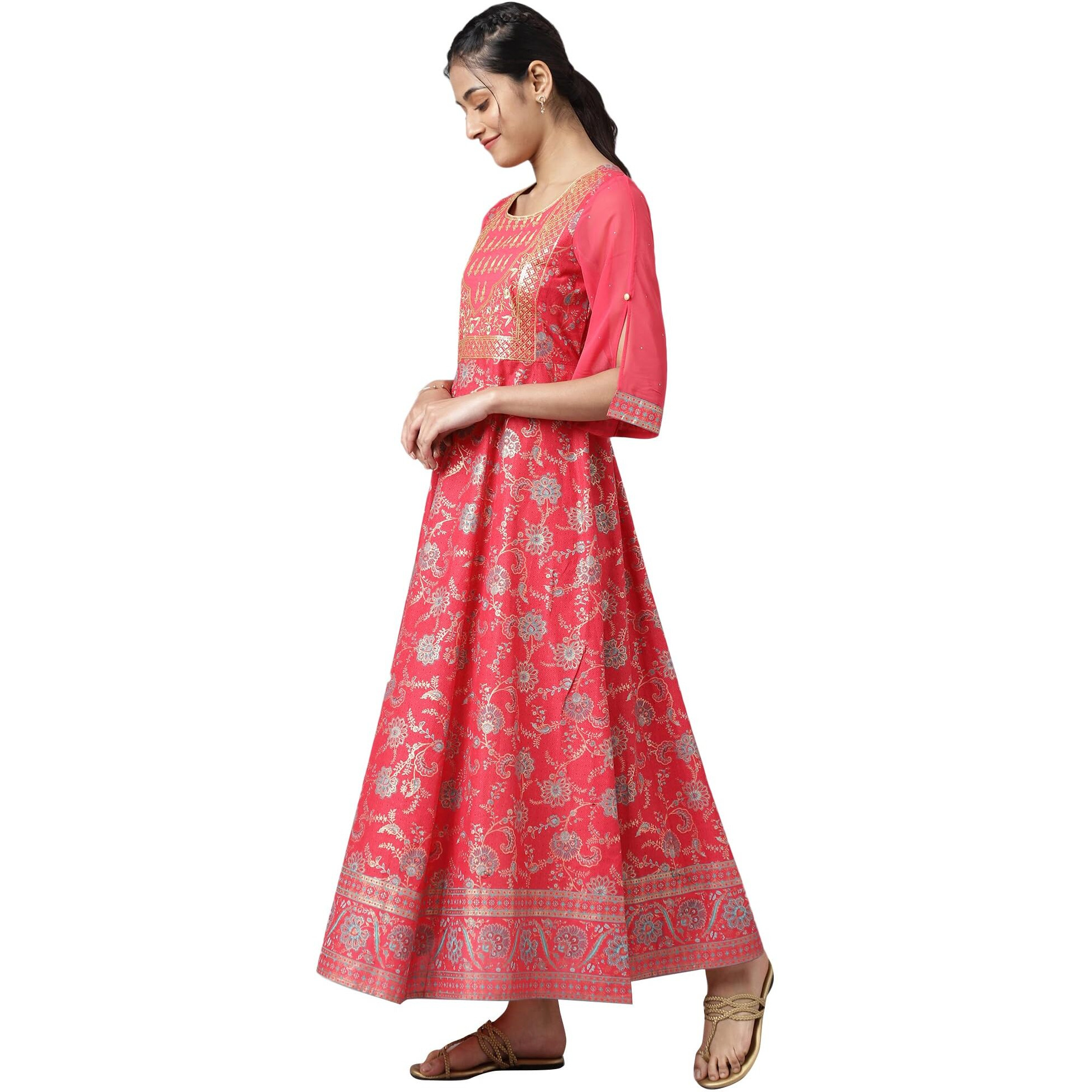 Aurelia Floral Cotton Round Neck Womens Ethnic Dress (Extra Large,Pink)