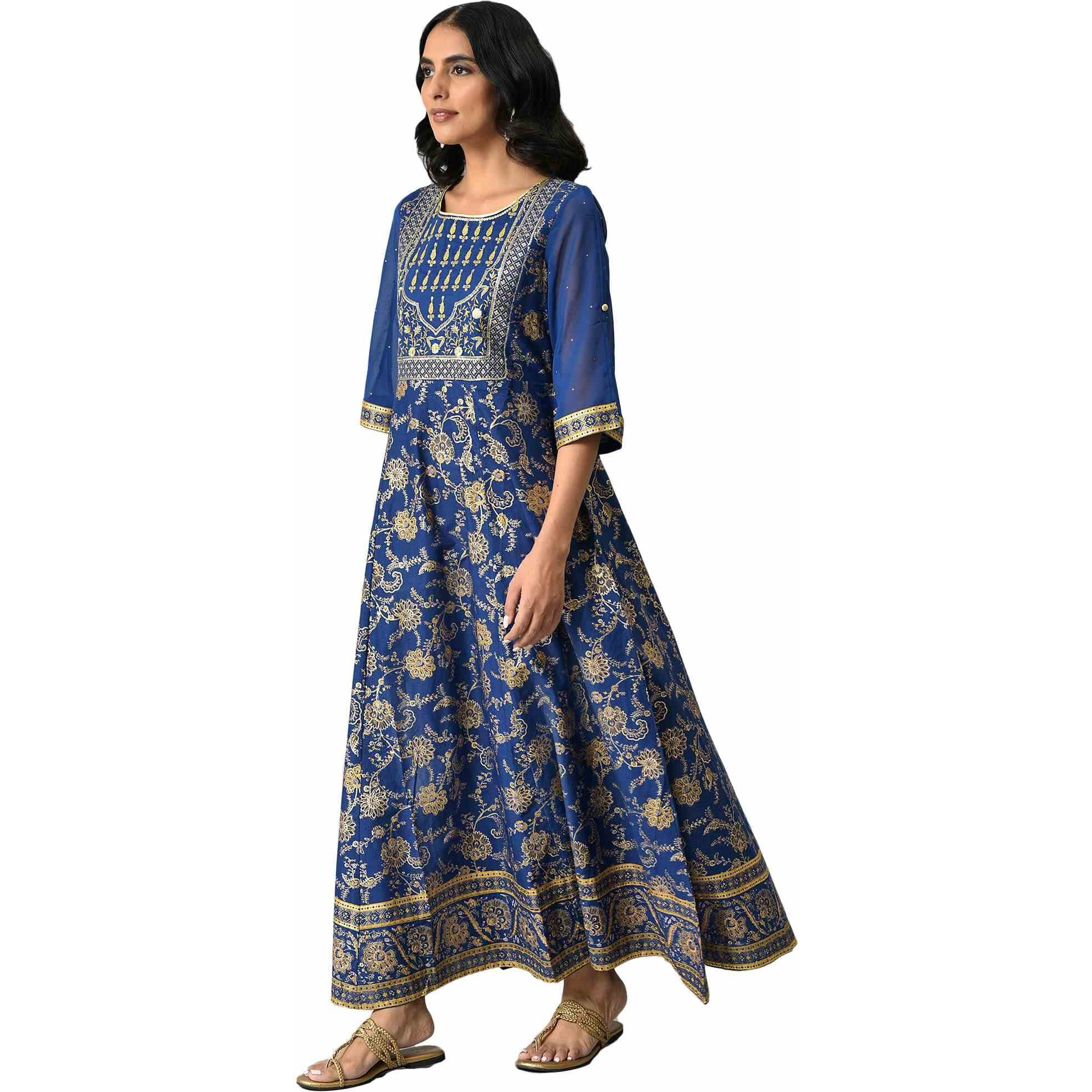 Aurelia Blue Foil Cotton Regular Kurta With Zari Embroidery