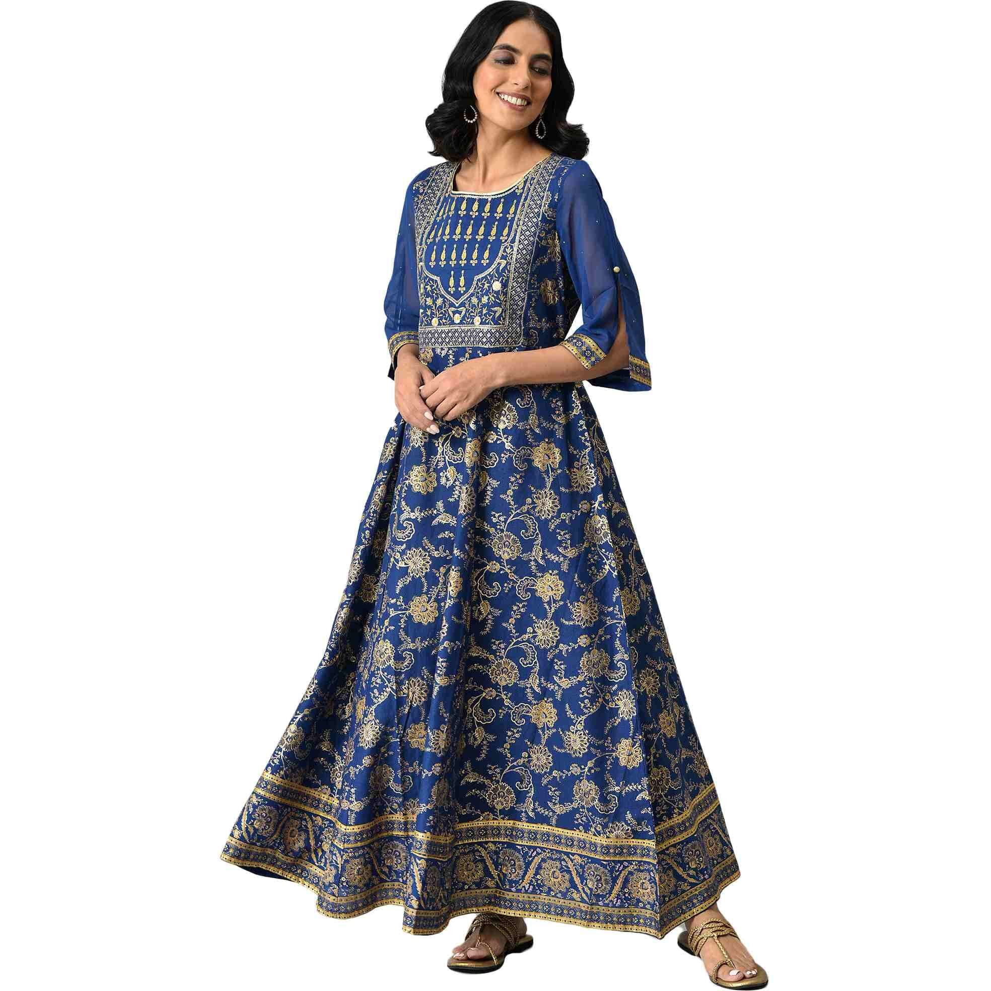 Aurelia Blue Foil Cotton Regular Kurta With Zari Embroidery