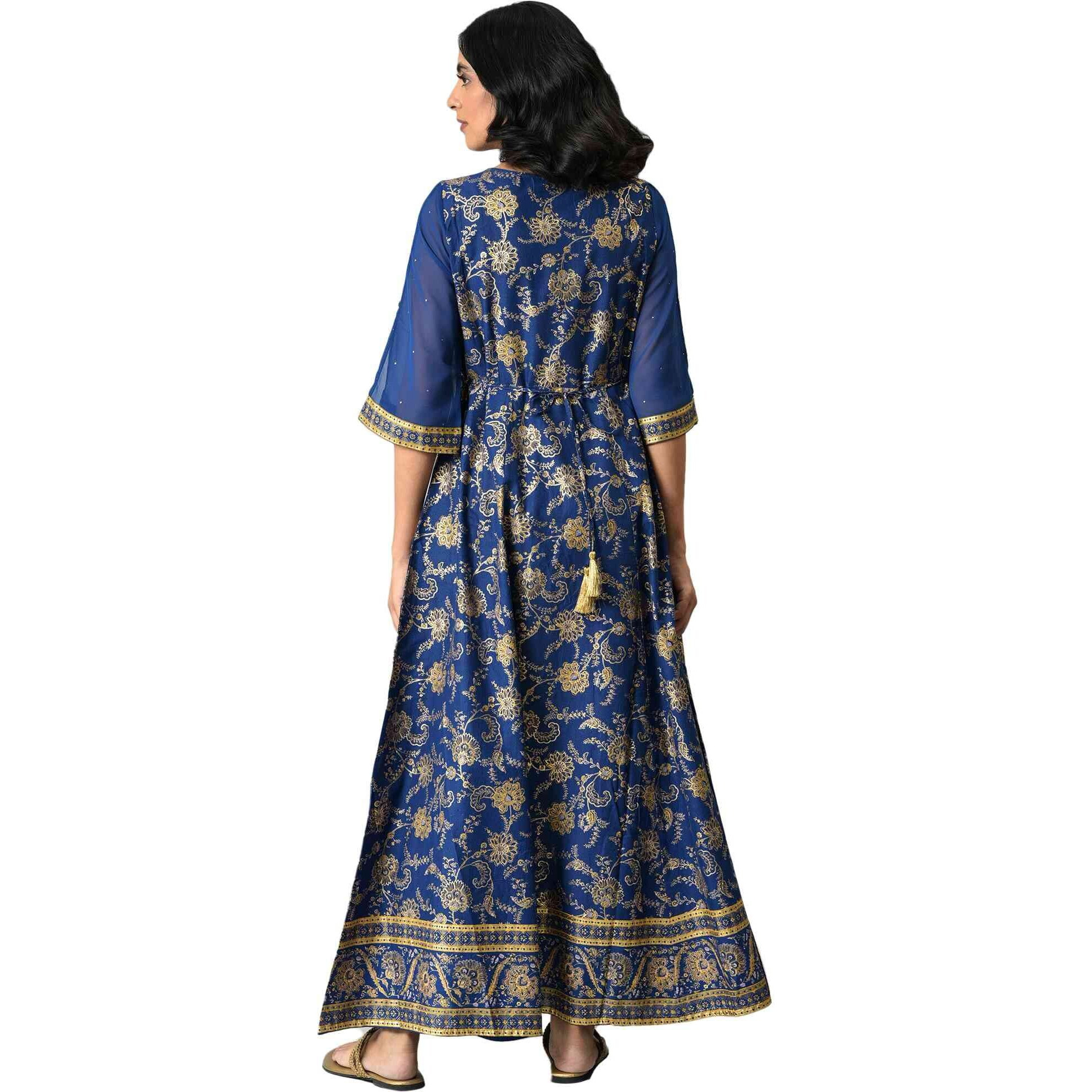 Aurelia Blue Foil Cotton Regular Kurta With Zari Embroidery
