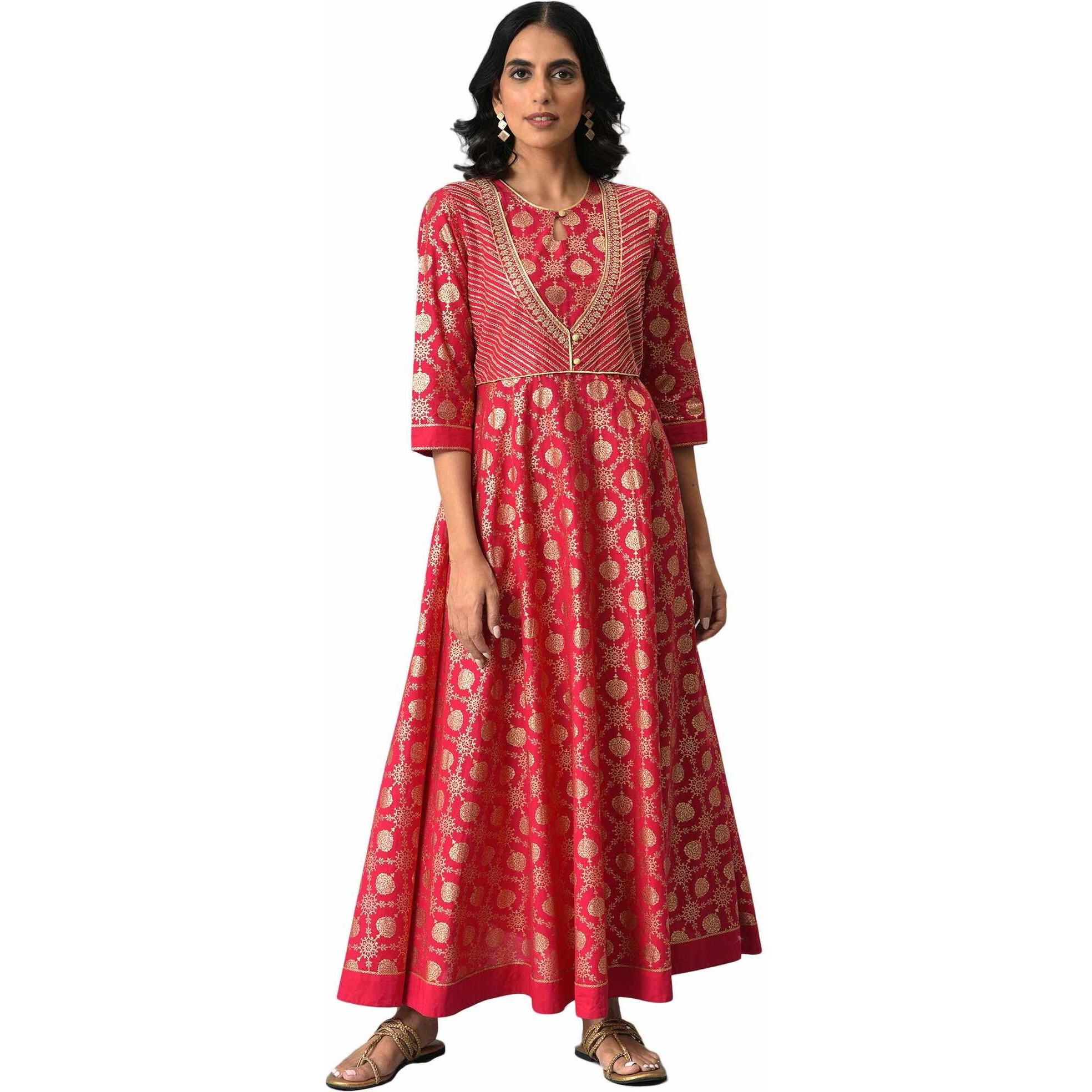 Aurelia Pink Foil Pattern Cotton Kurta With Zari Embroidery