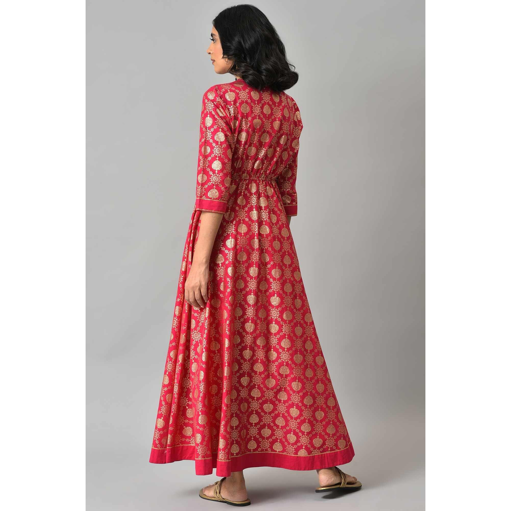 Aurelia Pink Foil Pattern Cotton Kurta With Zari Embroidery
