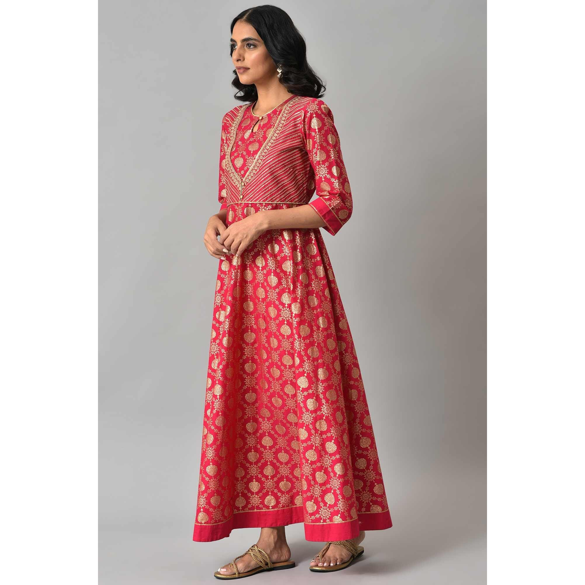 Aurelia Pink Foil Pattern Cotton Kurta With Zari Embroidery