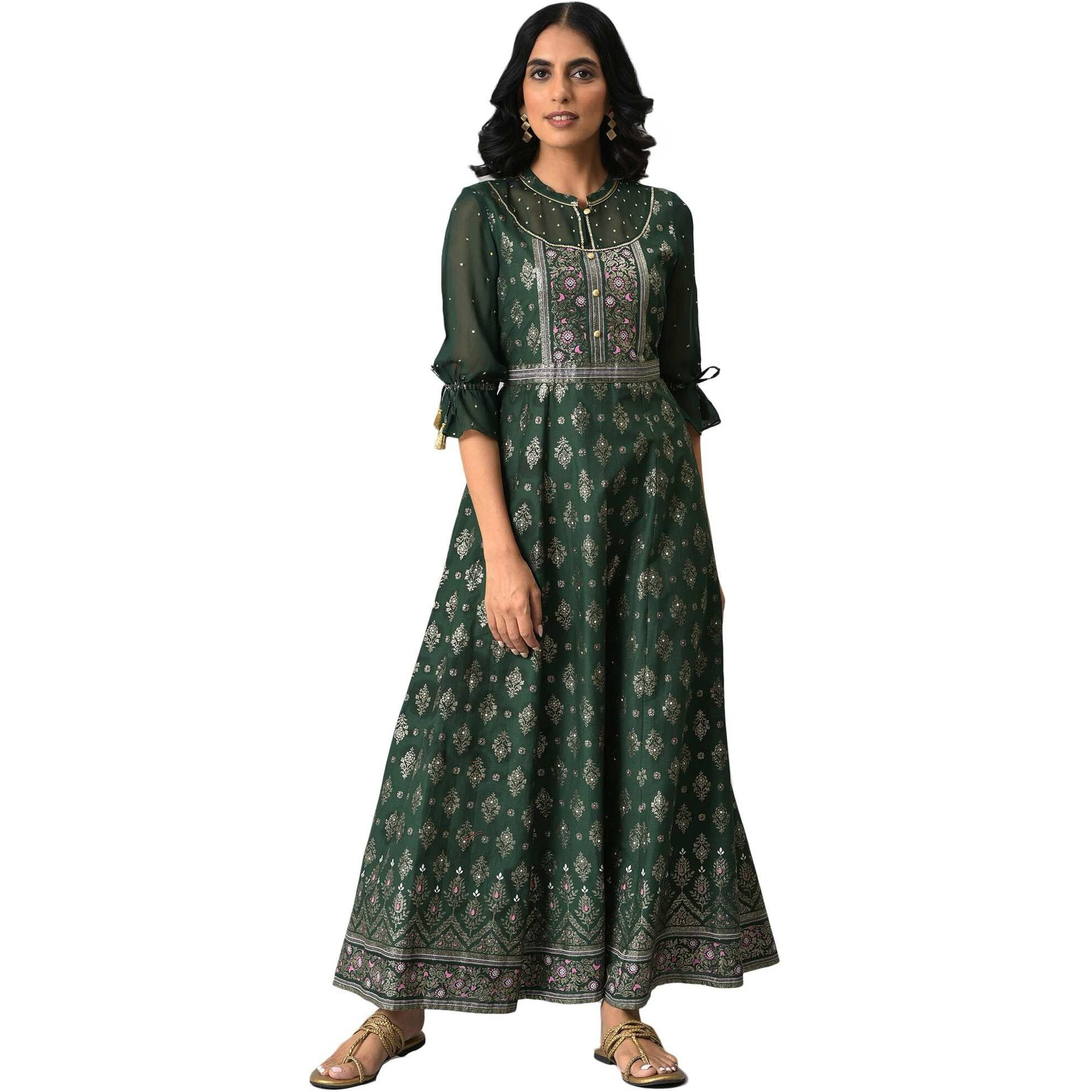 Aurelia Pink Foil Pattern Cotton Anarkali Kurta With Sequins