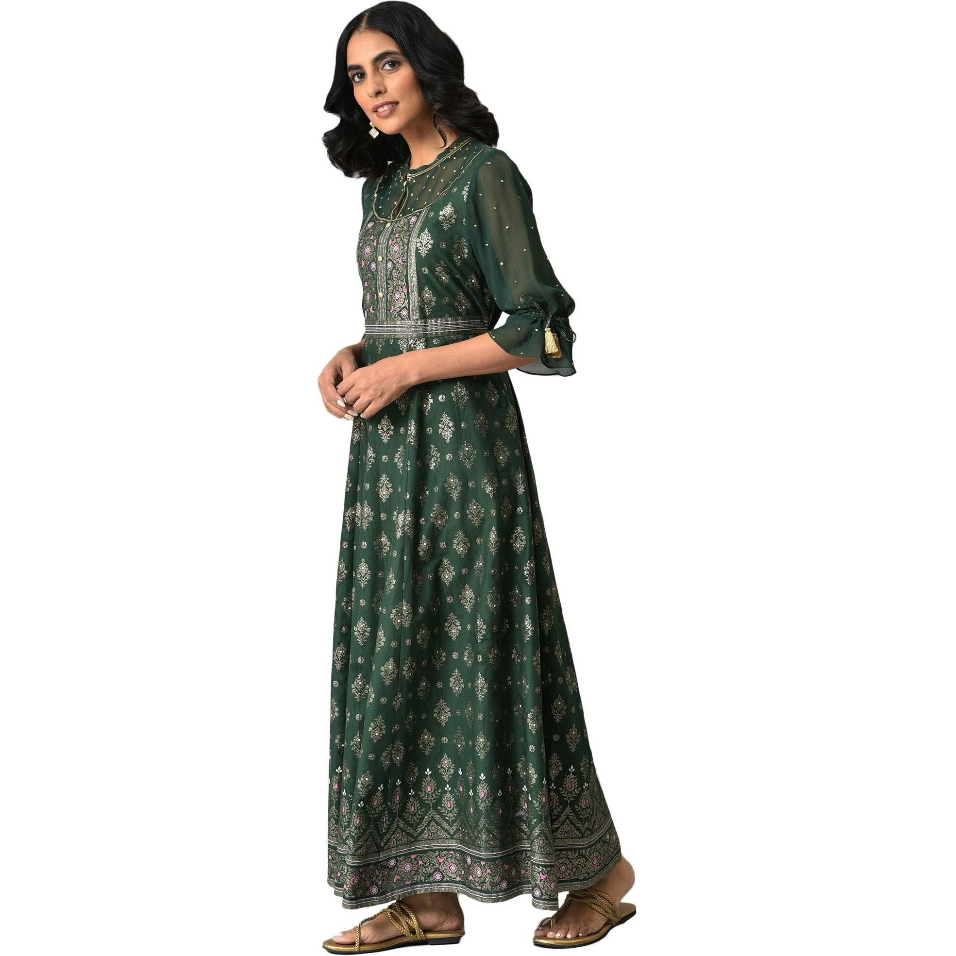 Aurelia Pink Foil Pattern Cotton Anarkali Kurta With Sequins