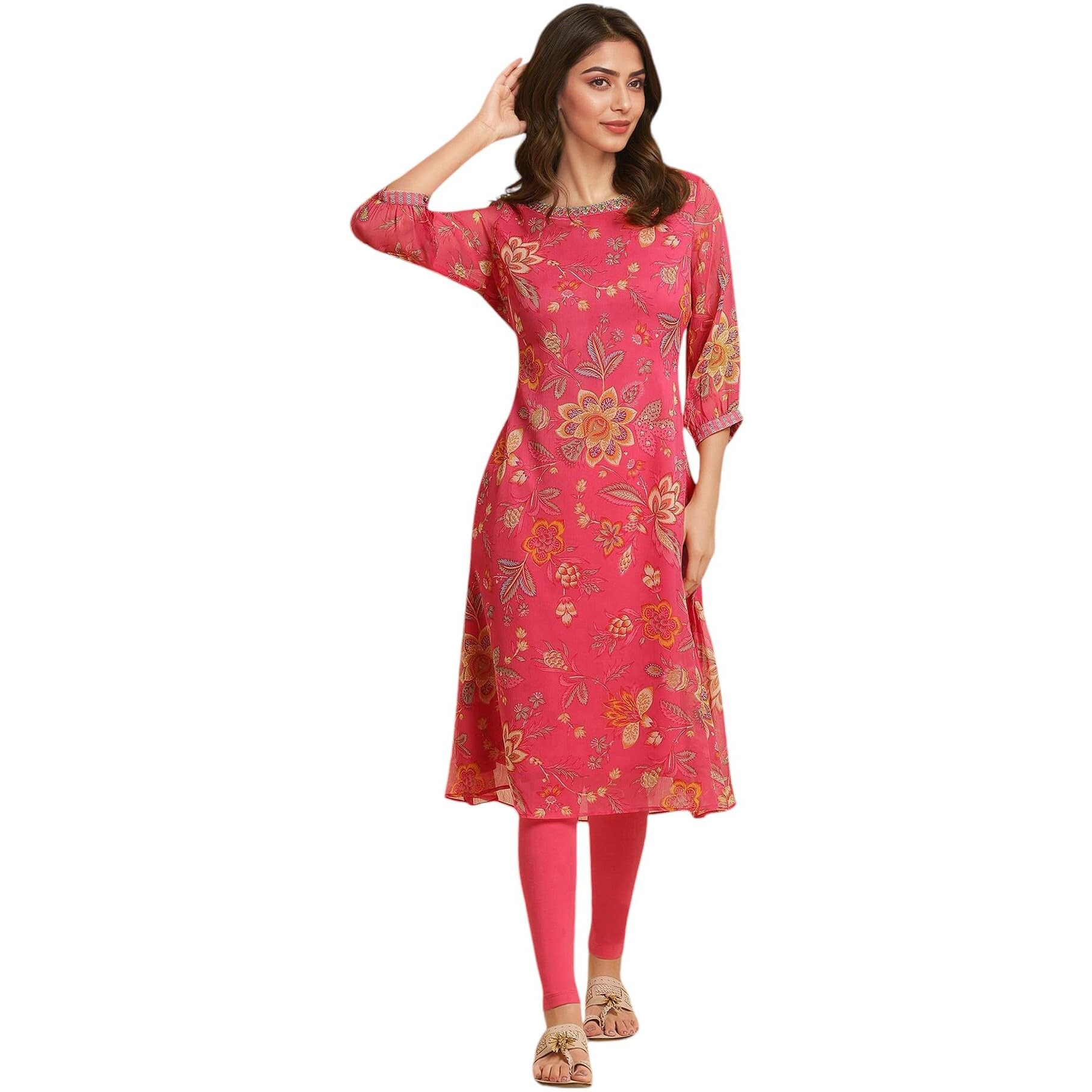 W For Woman Chiffon Printed Kurta With Multi-Coloured Floral Embroidery