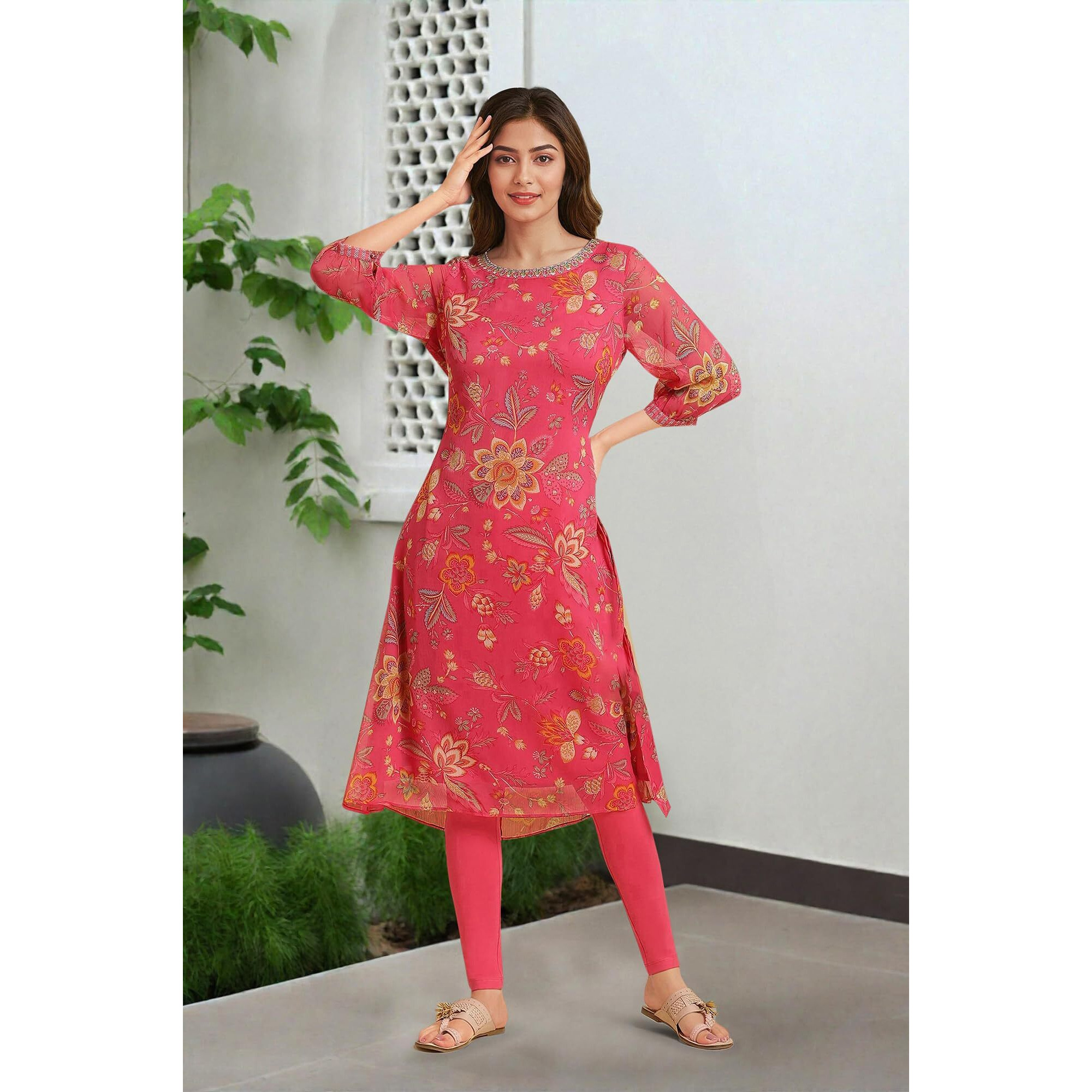 W For Woman Chiffon Printed Kurta With Multi-Coloured Floral Embroidery