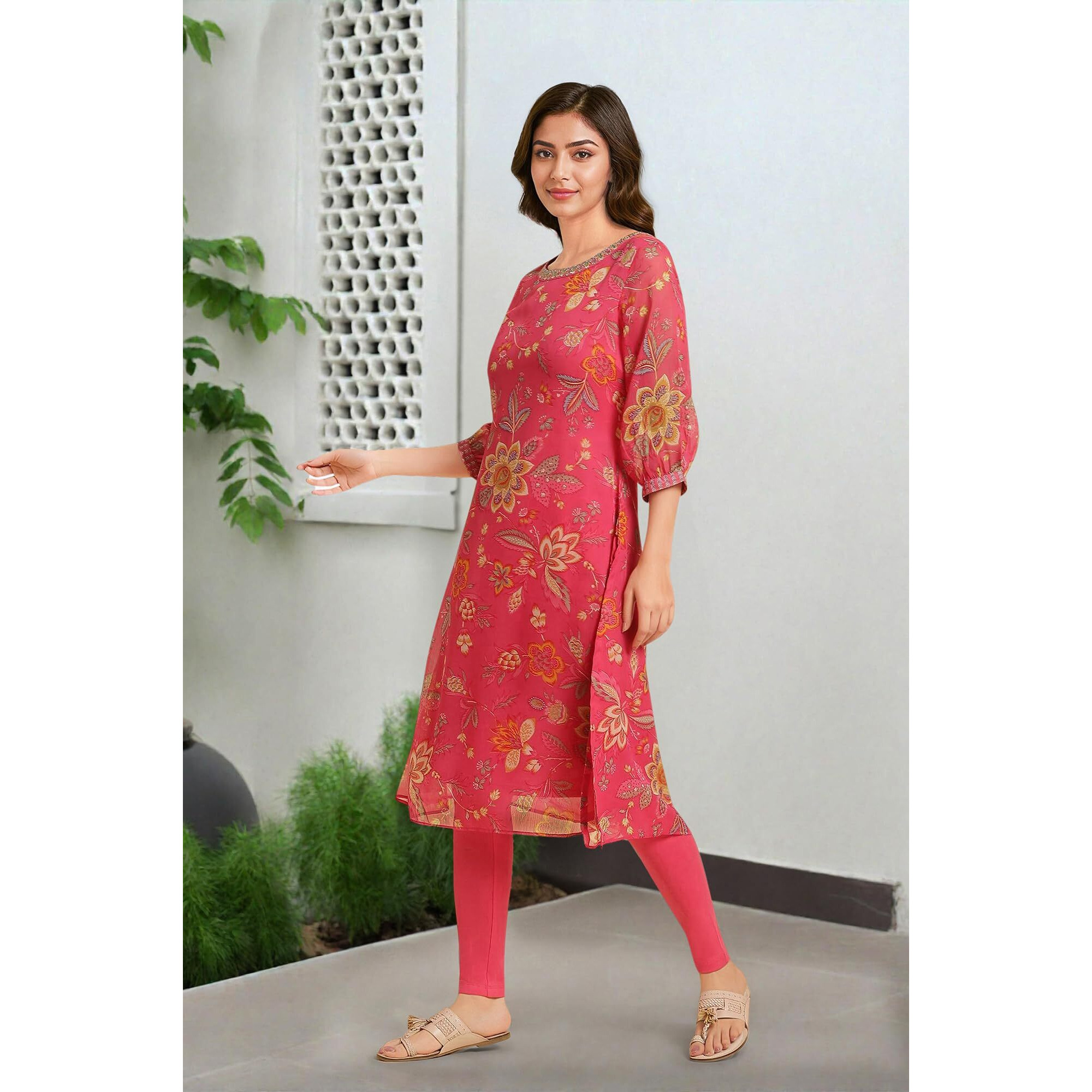 W For Woman Chiffon Printed Kurta With Multi-Coloured Floral Embroidery