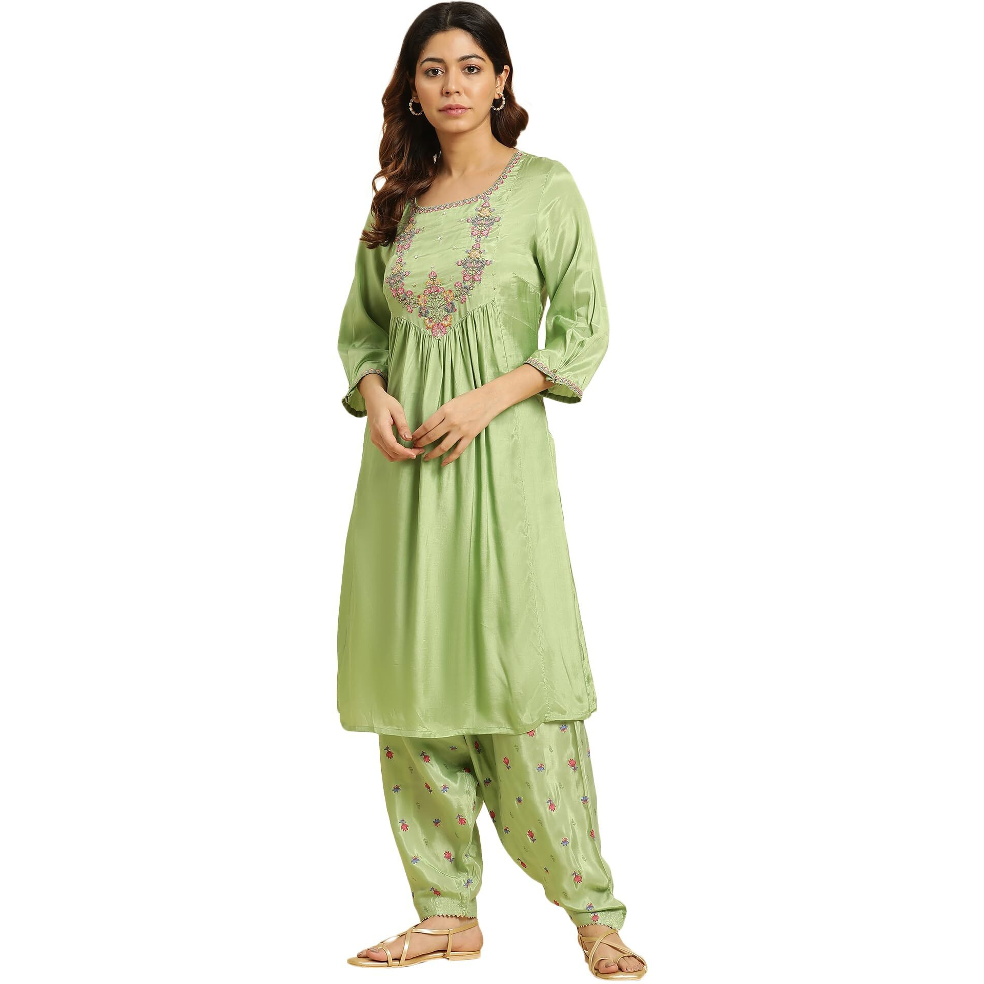 W For Woman Green Embroidered Kurta, Salwar And Pink Chiffon Dupatta Set (Size 3Xl)-23Auws19714-220500