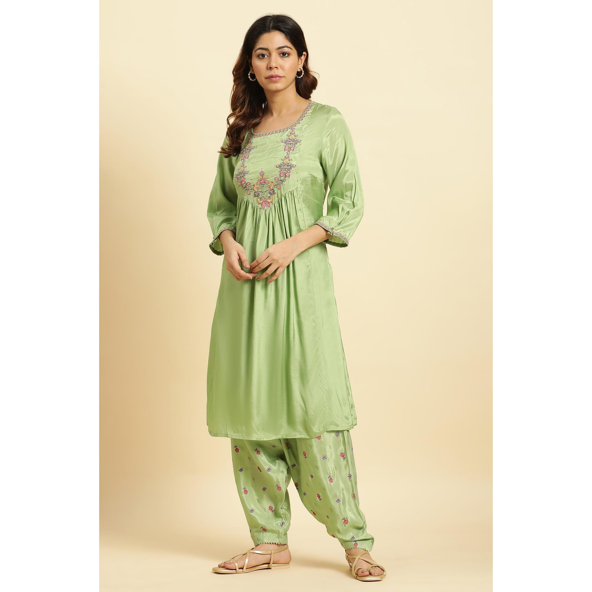 W For Woman Green Embroidered Kurta, Salwar And Pink Chiffon Dupatta Set (Size 3Xl)-23Auws19714-220500
