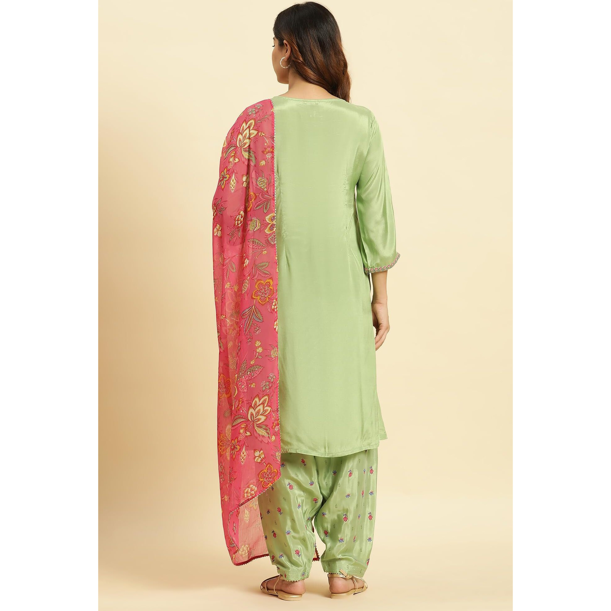 W For Woman Green Embroidered Kurta, Salwar And Pink Chiffon Dupatta Set (Size 3Xl)-23Auws19714-220500