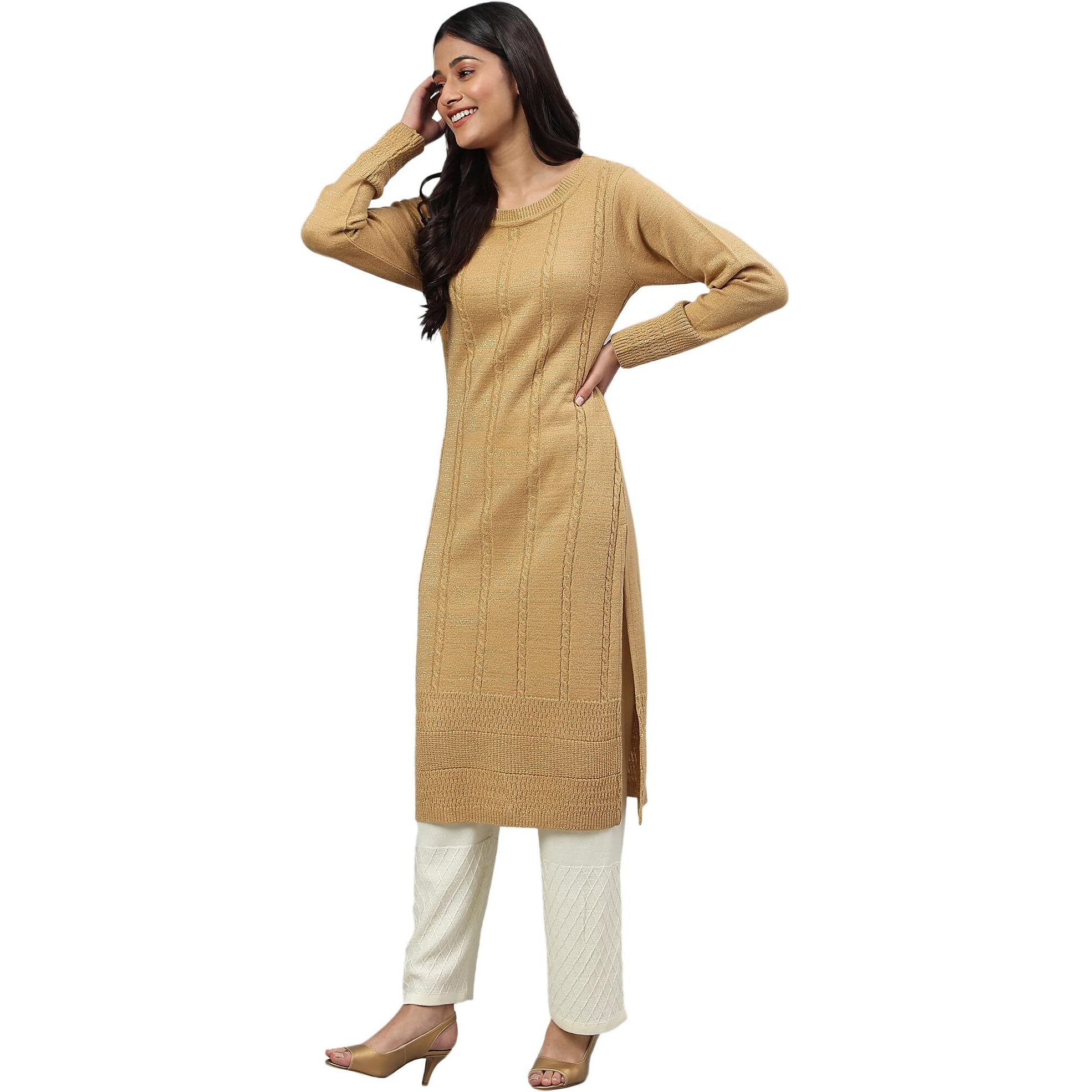 Aurelia Women Gold Acrylic Lurex Solid Yarn Dyed Straight Fit Kurta_22Noa13536-604866_Xl