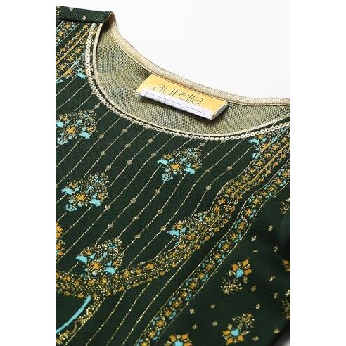 Aurelia Women Mountain View Cotton Blend Floral Yarn Dyed A-Line Kurta_22Noa13697-703480_Xxl Green