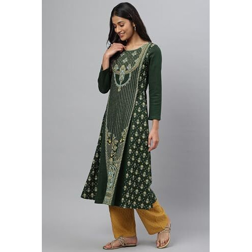 Aurelia Women Mountain View Cotton Blend Floral Yarn Dyed A-Line Kurta_22Noa13697-703480_Xxl Green