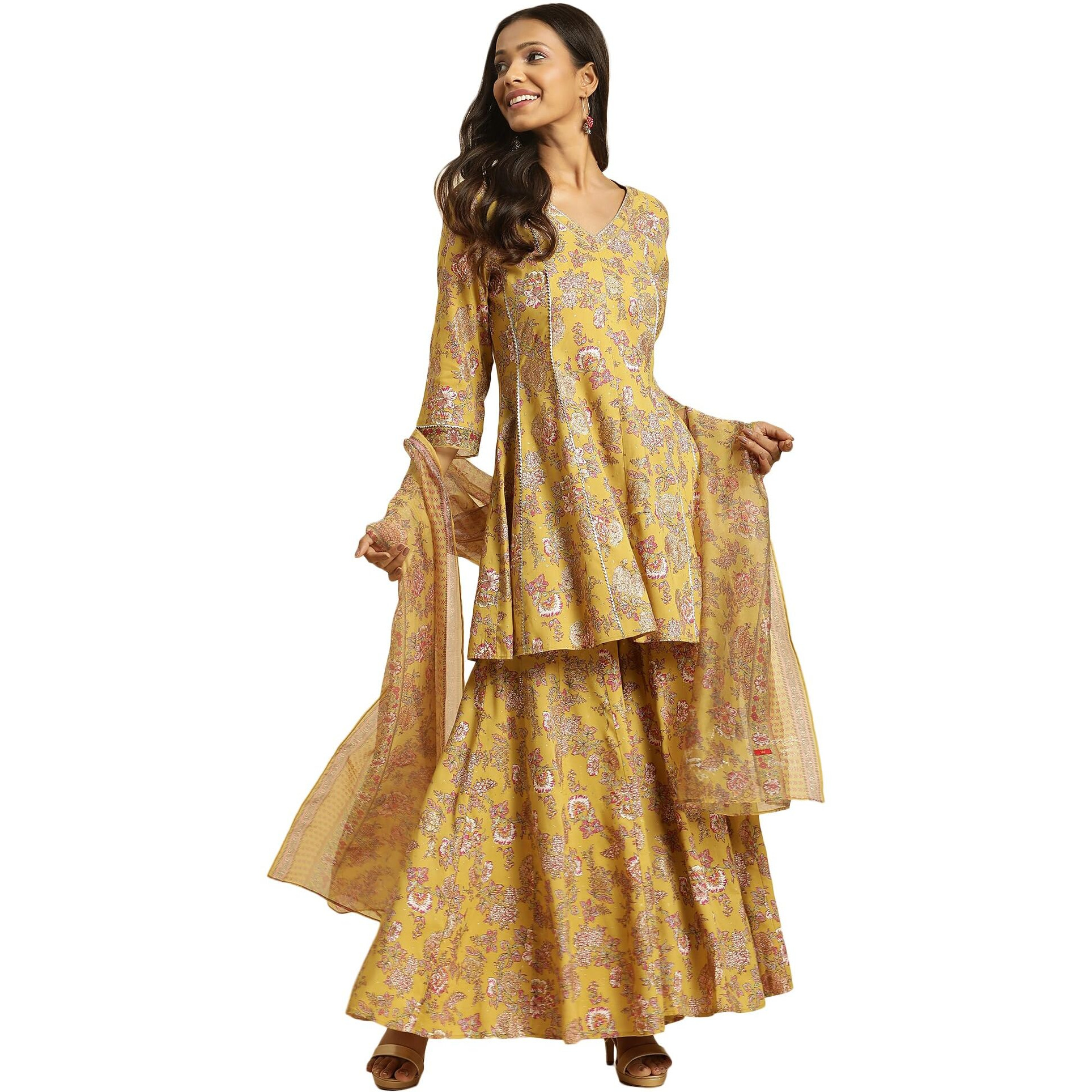W For Woman Yellow Floral Printed Short Flared Kurta, Sharara And Dupatta Set (Size Xs)-23Auws19717-121051