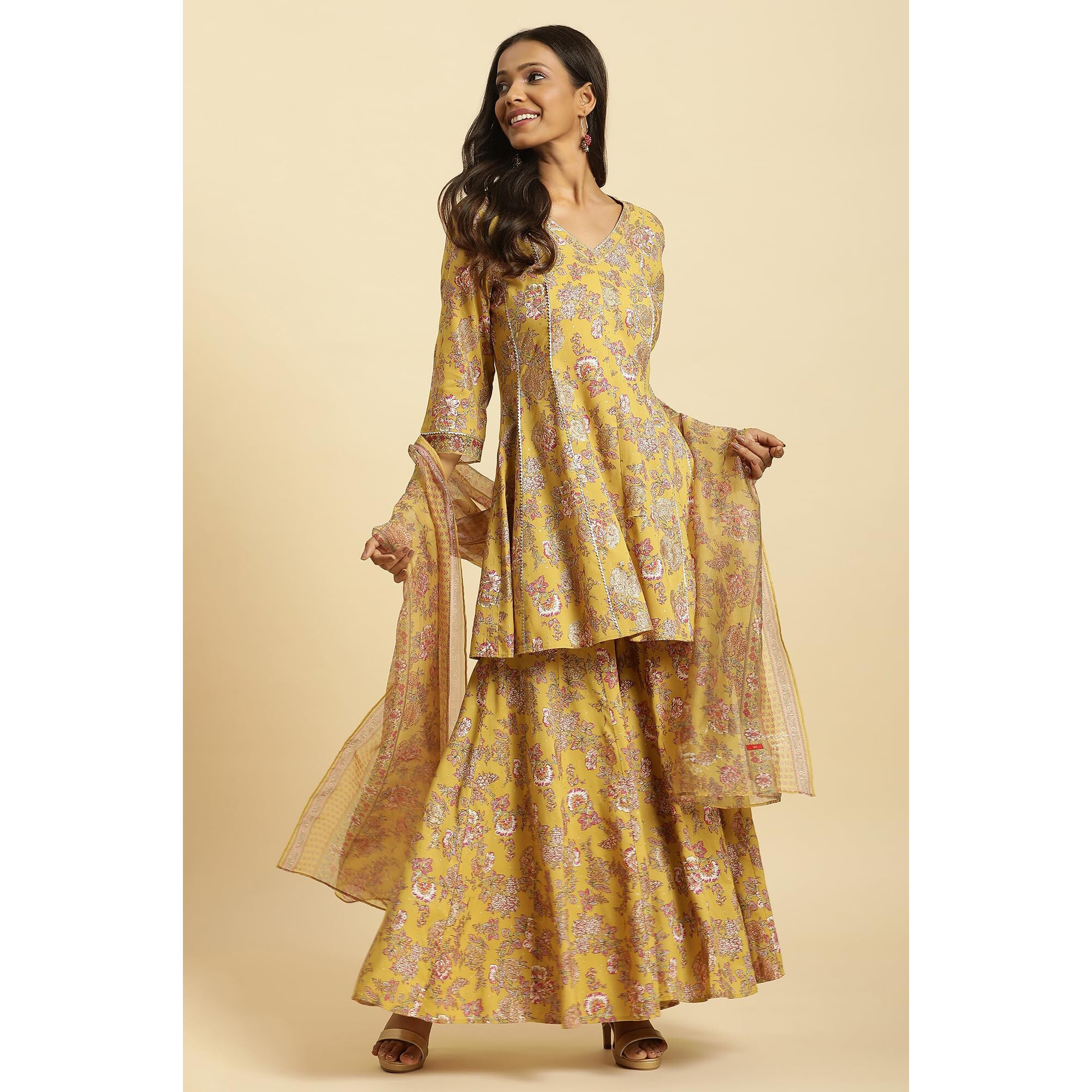W For Woman Yellow Floral Printed Short Flared Kurta, Sharara And Dupatta Set (Size Xs)-23Auws19717-121051