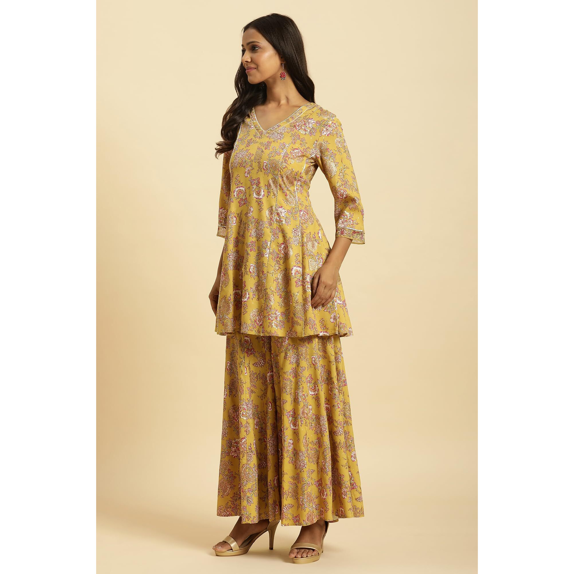 W For Woman Yellow Floral Printed Short Flared Kurta, Sharara And Dupatta Set (Size Xs)-23Auws19717-121051