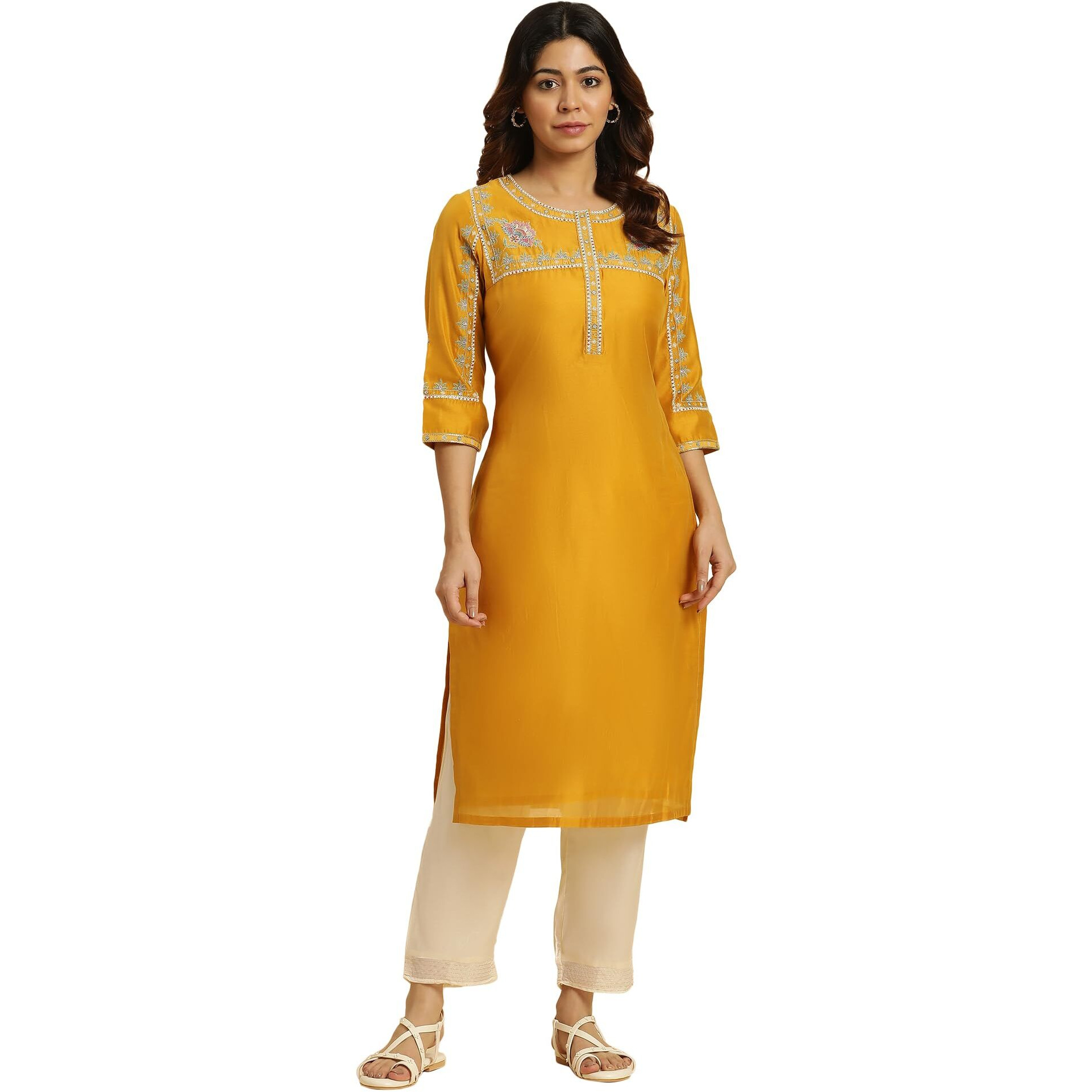 W For Woman Yellow Embroidered Festive Straight Kurta (Size S)-23Auw19796-220040