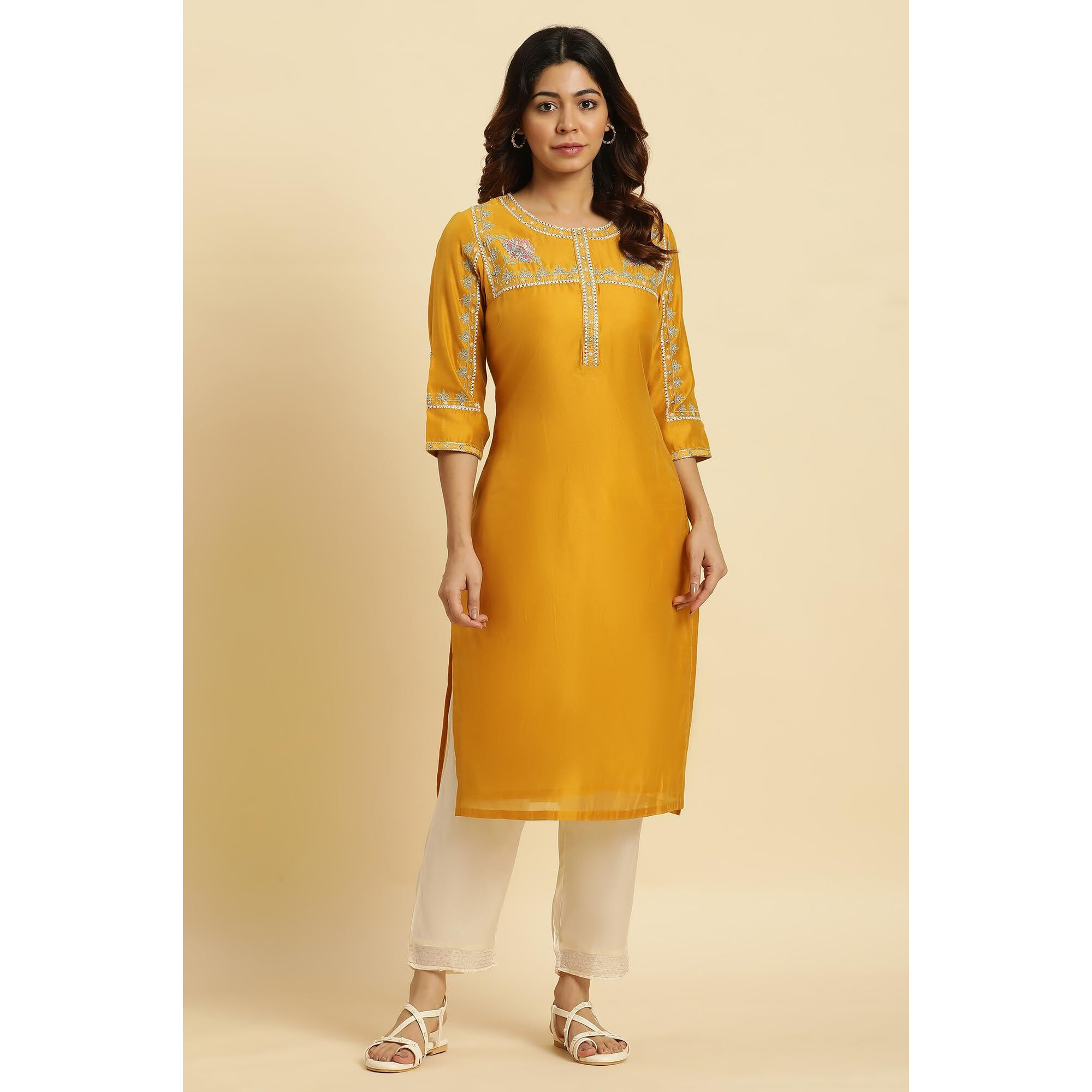 W For Woman Yellow Embroidered Festive Straight Kurta (Size S)-23Auw19796-220040