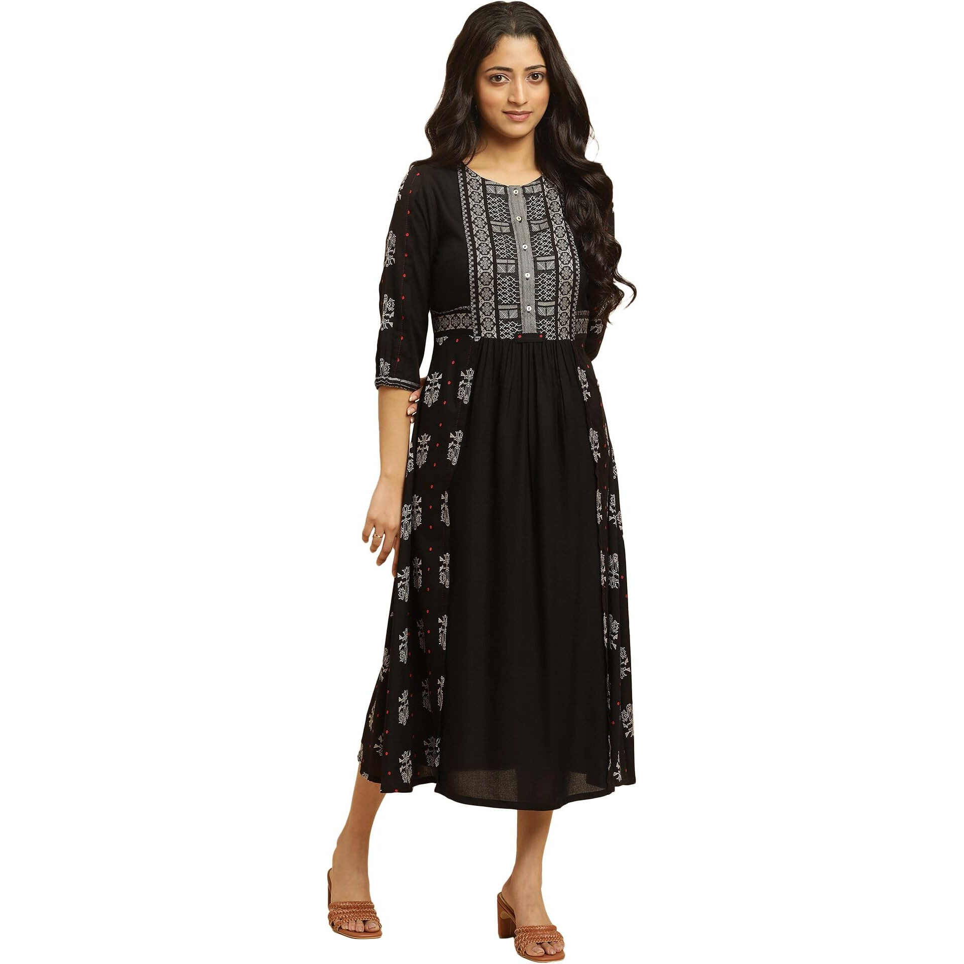 W For Woman Black Printed Gathered Dress (Size L)-23Auw19445-312982