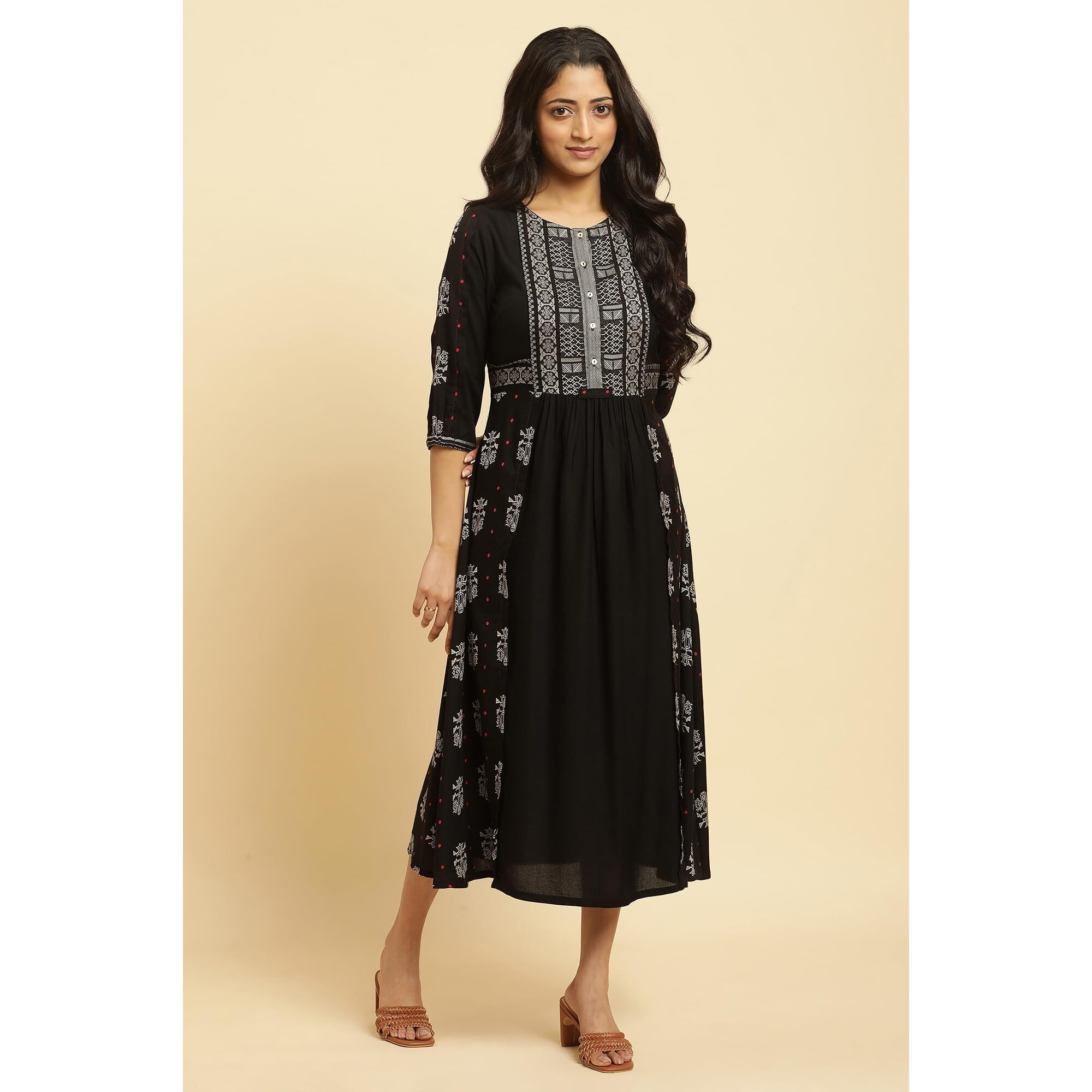 W For Woman Black Printed Gathered Dress (Size L)-23Auw19445-312982
