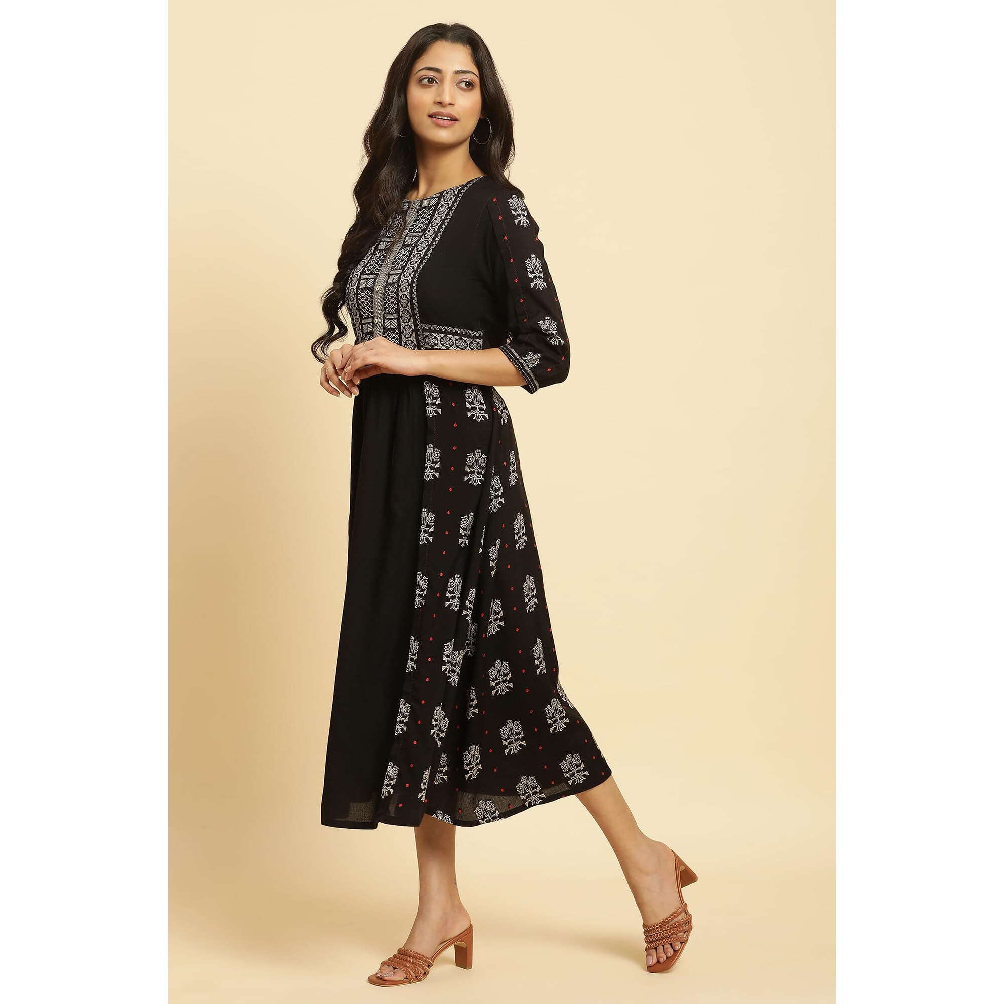 W For Woman Black Printed Gathered Dress (Size L)-23Auw19445-312982