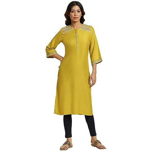 W For Woman Cress Green Embroidered Kurta (Size L)-23Auw19456-219554