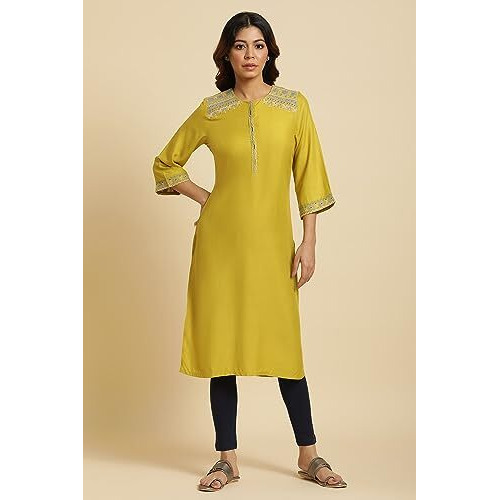 W For Woman Cress Green Embroidered Kurta (Size L)-23Auw19456-219554