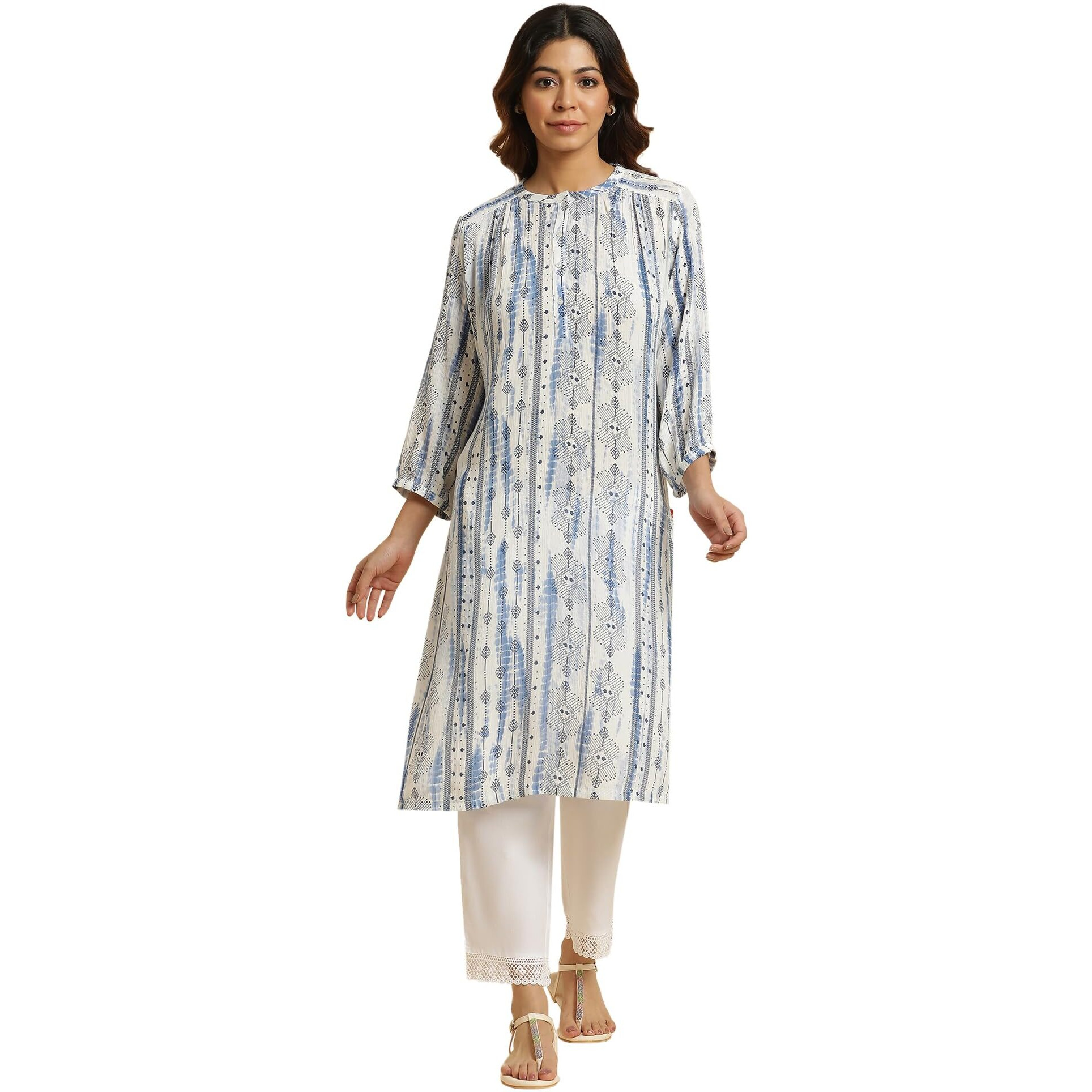 W For Woman Indigo Blue Abstract Print Kurta (Size L)-23Auw19907-121806