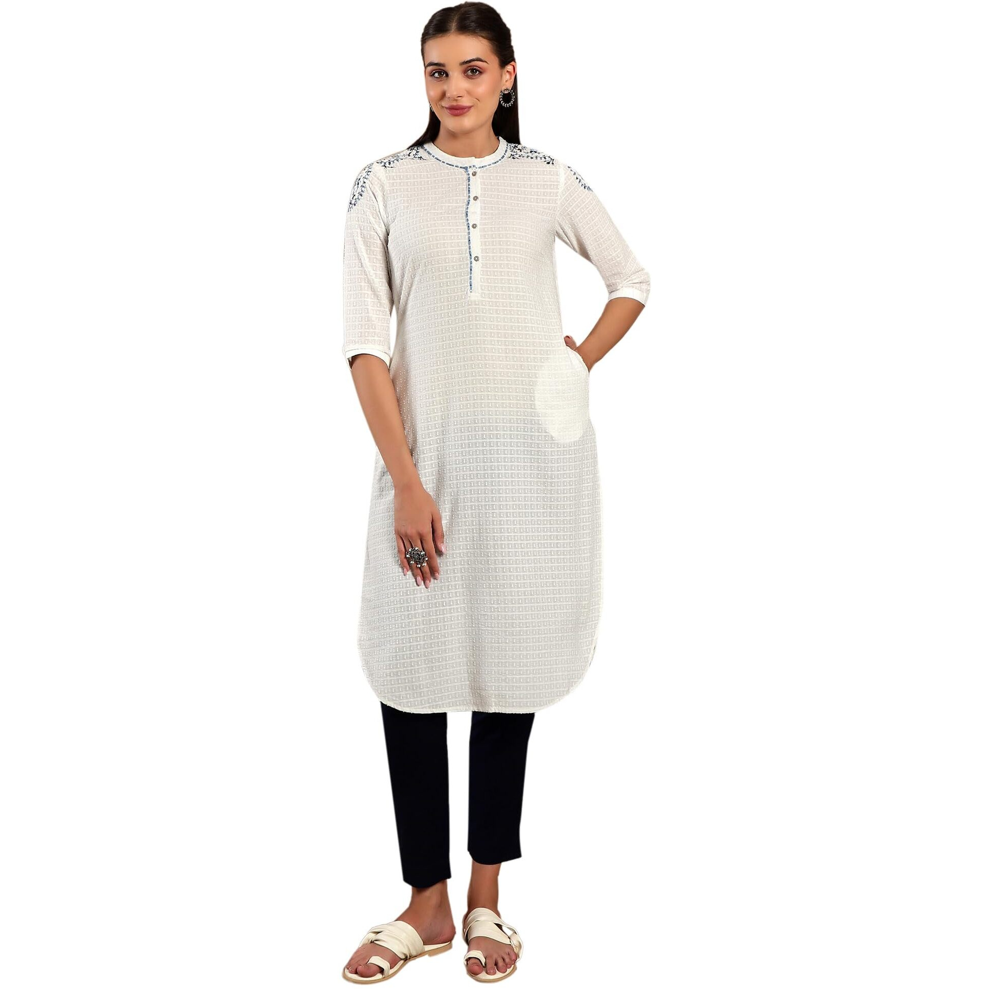 W White Cotton Thread Work Straight-Long Kurta For Women