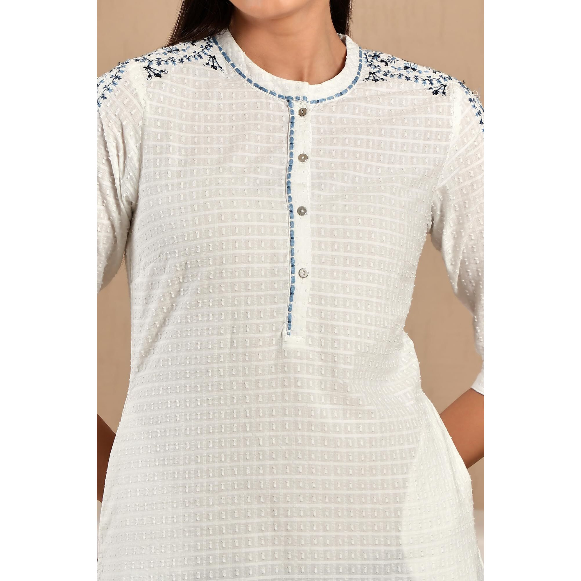 W White Cotton Thread Work Straight-Long Kurta For Women