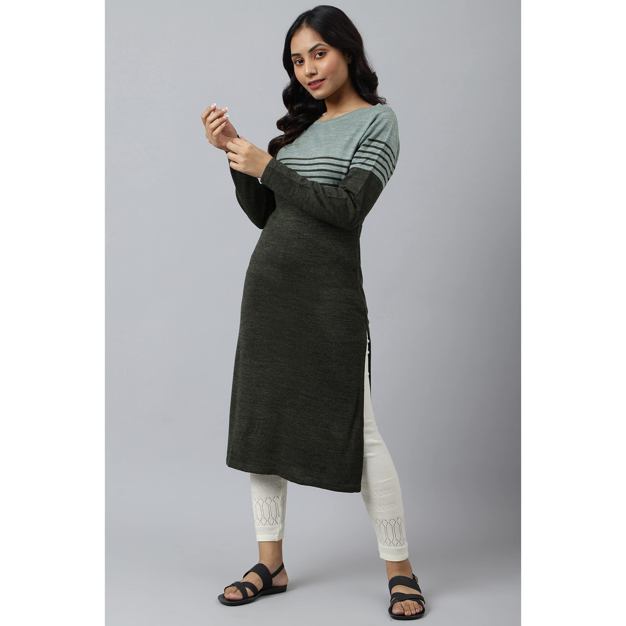 Green Colour Blocked Winter Kurta