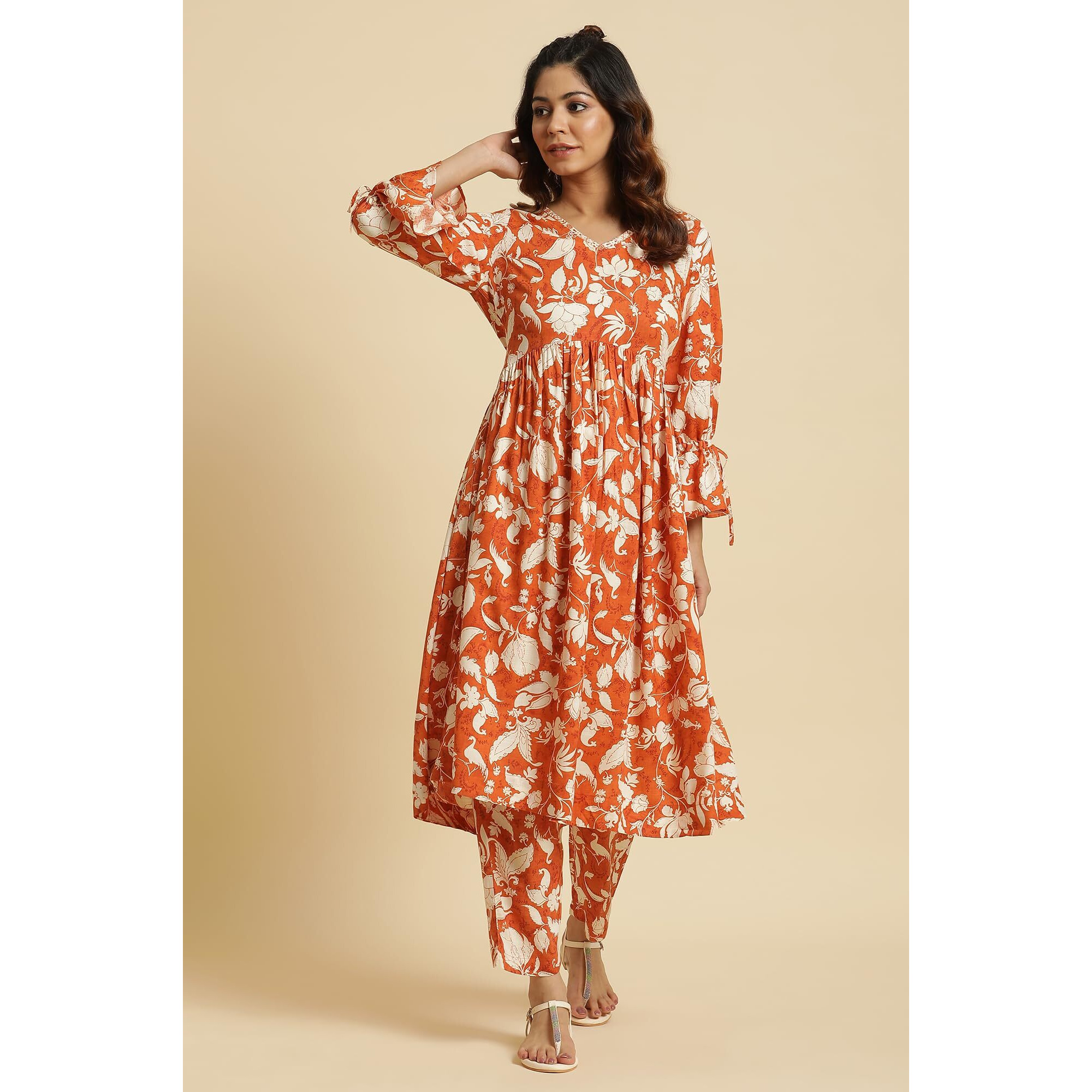 W For Woman Dark Orange Floral Printed Kurta & Pants Co-Ord Set (Size 2Xl)-23Auws19208-120606