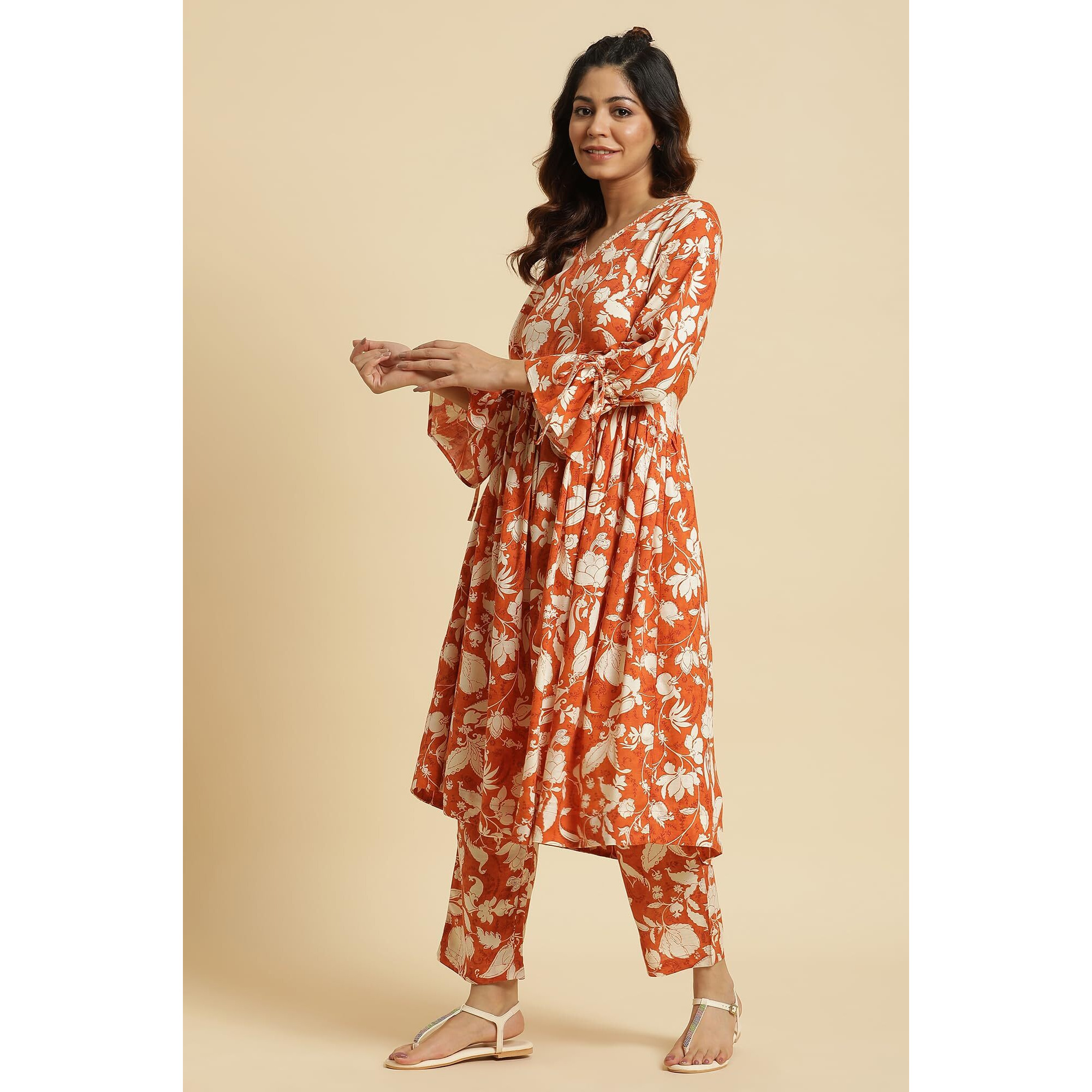 W For Woman Dark Orange Floral Printed Kurta & Pants Co-Ord Set (Size 2Xl)-23Auws19208-120606