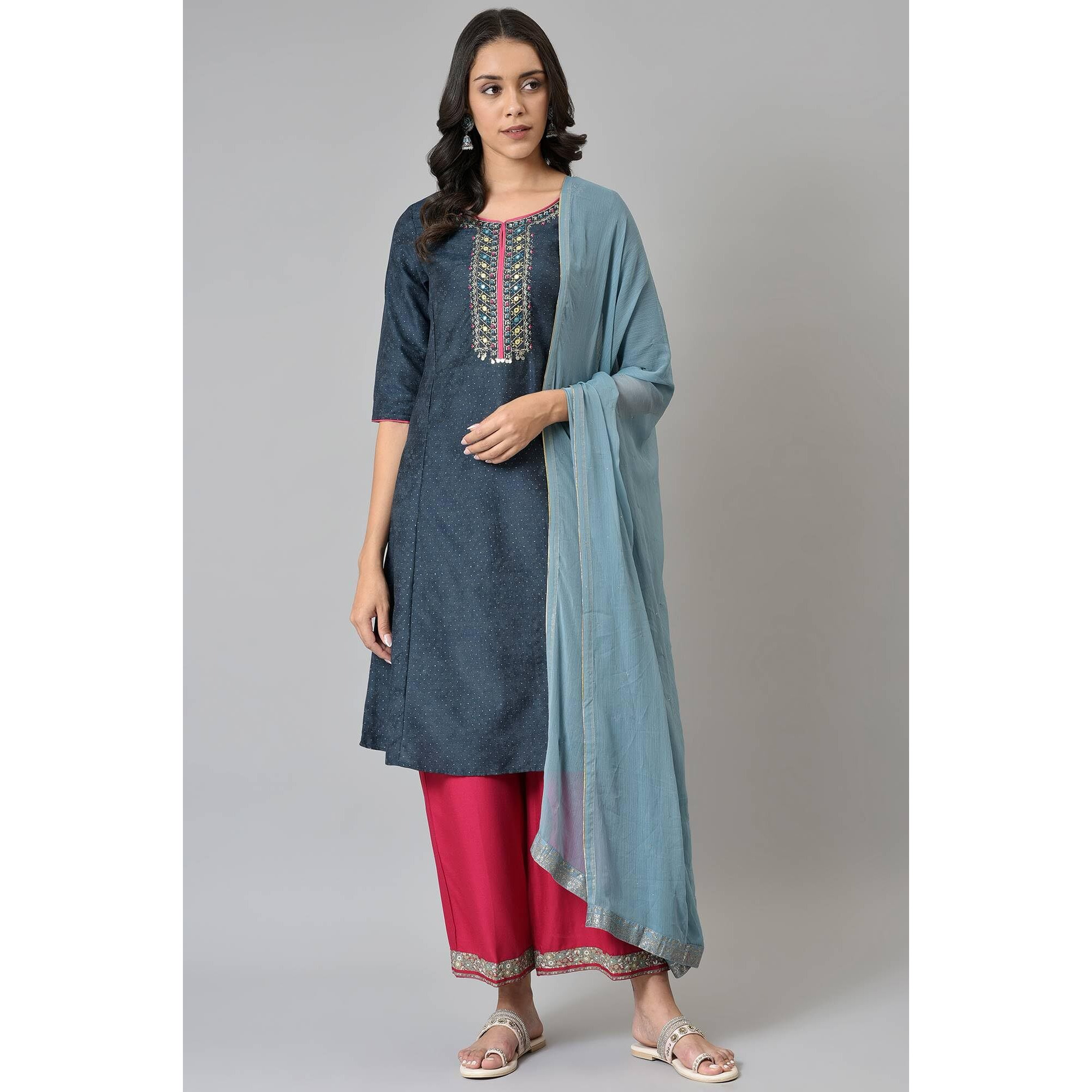 W For Woman Women Sky Blue Crinkled Chiffon Dupatta With Mukaish_22Auw81640-217968_Free Size