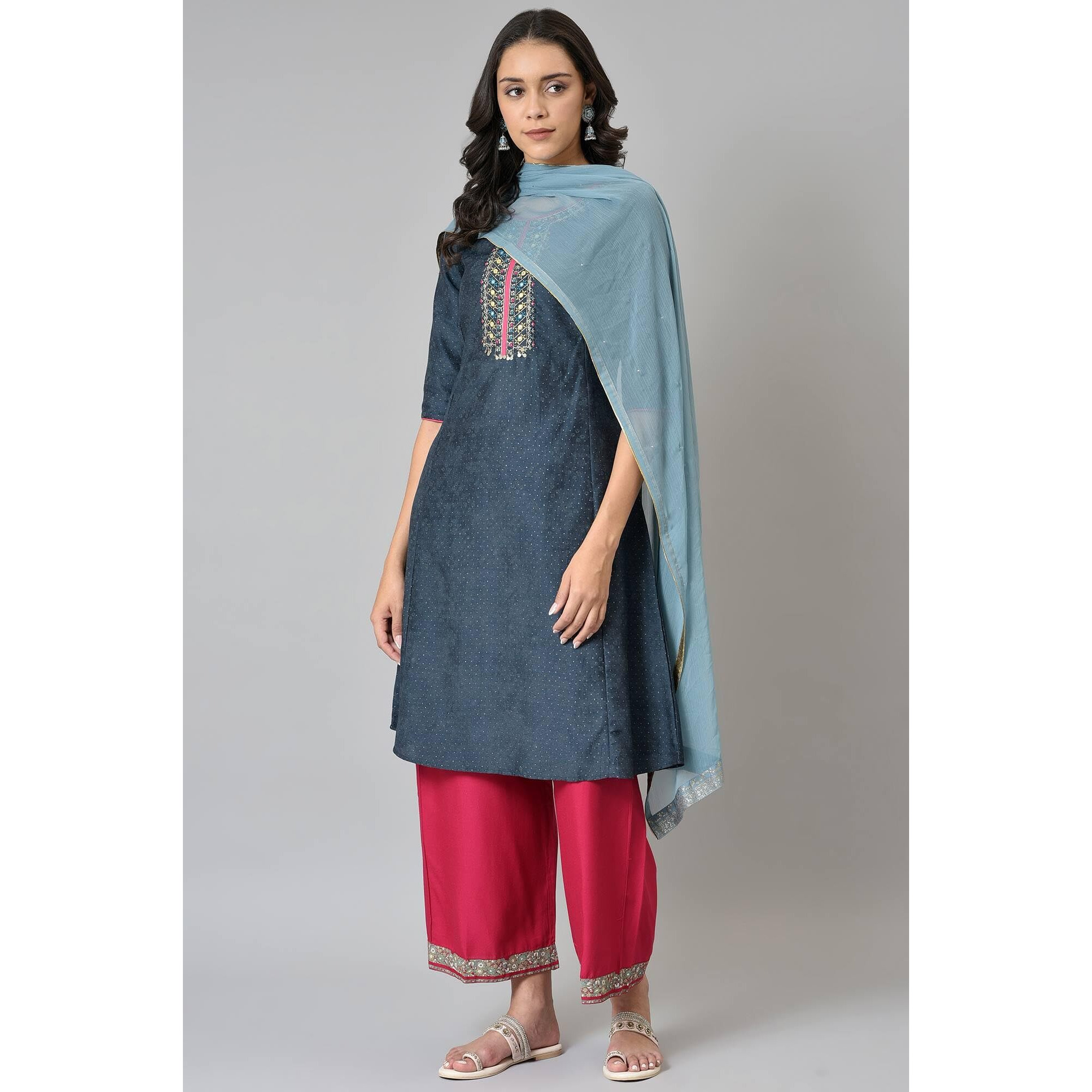 W For Woman Women Sky Blue Crinkled Chiffon Dupatta With Mukaish_22Auw81640-217968_Free Size