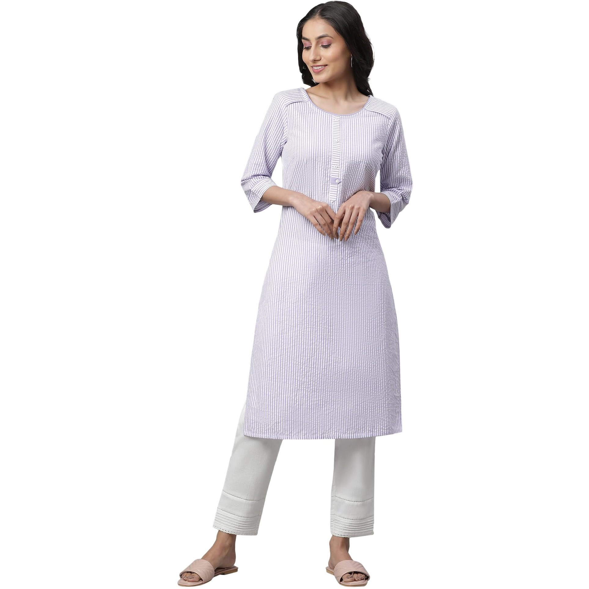 Aurelia Purple Striped Cotton Regular Kurta For Women