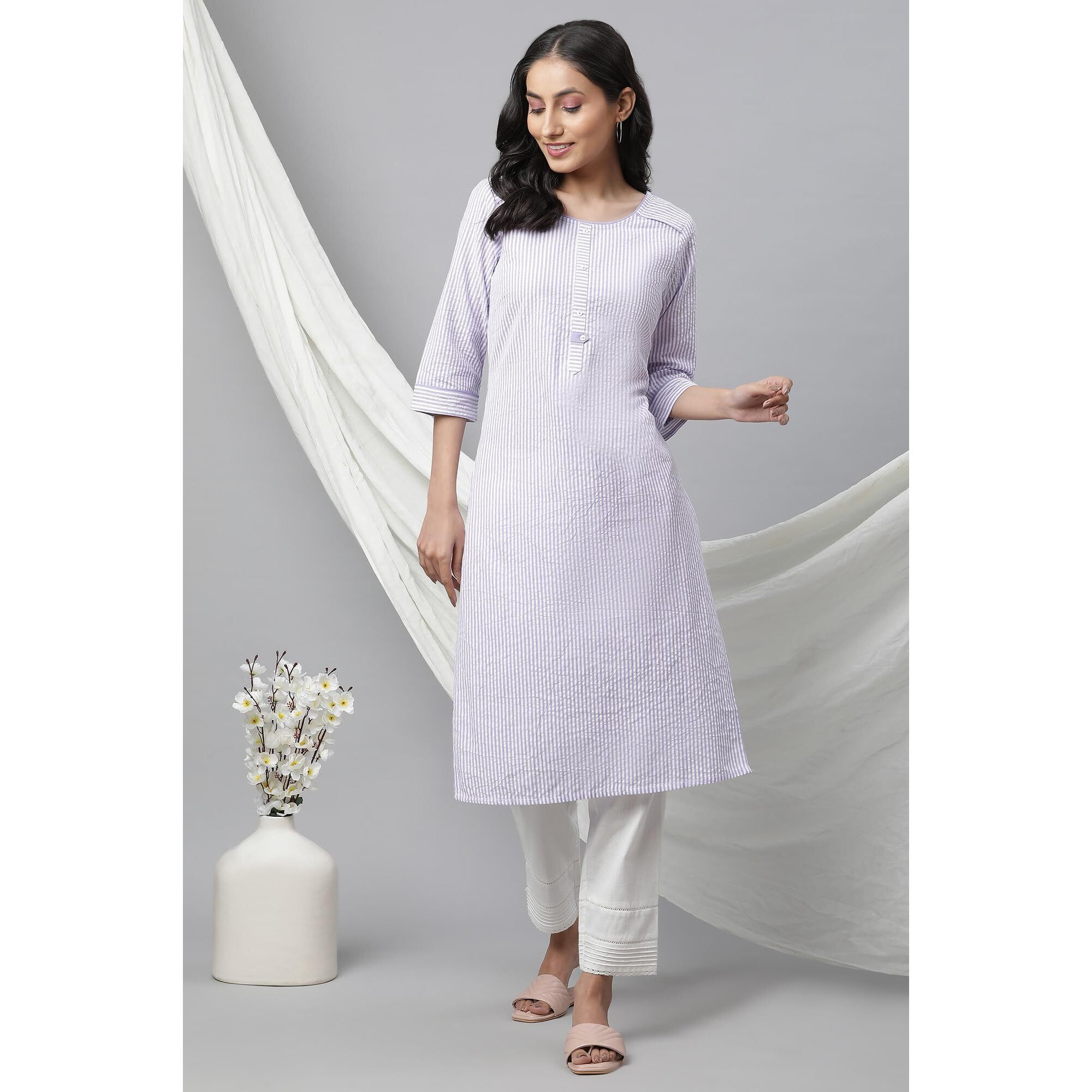Aurelia Purple Striped Cotton Regular Kurta For Women