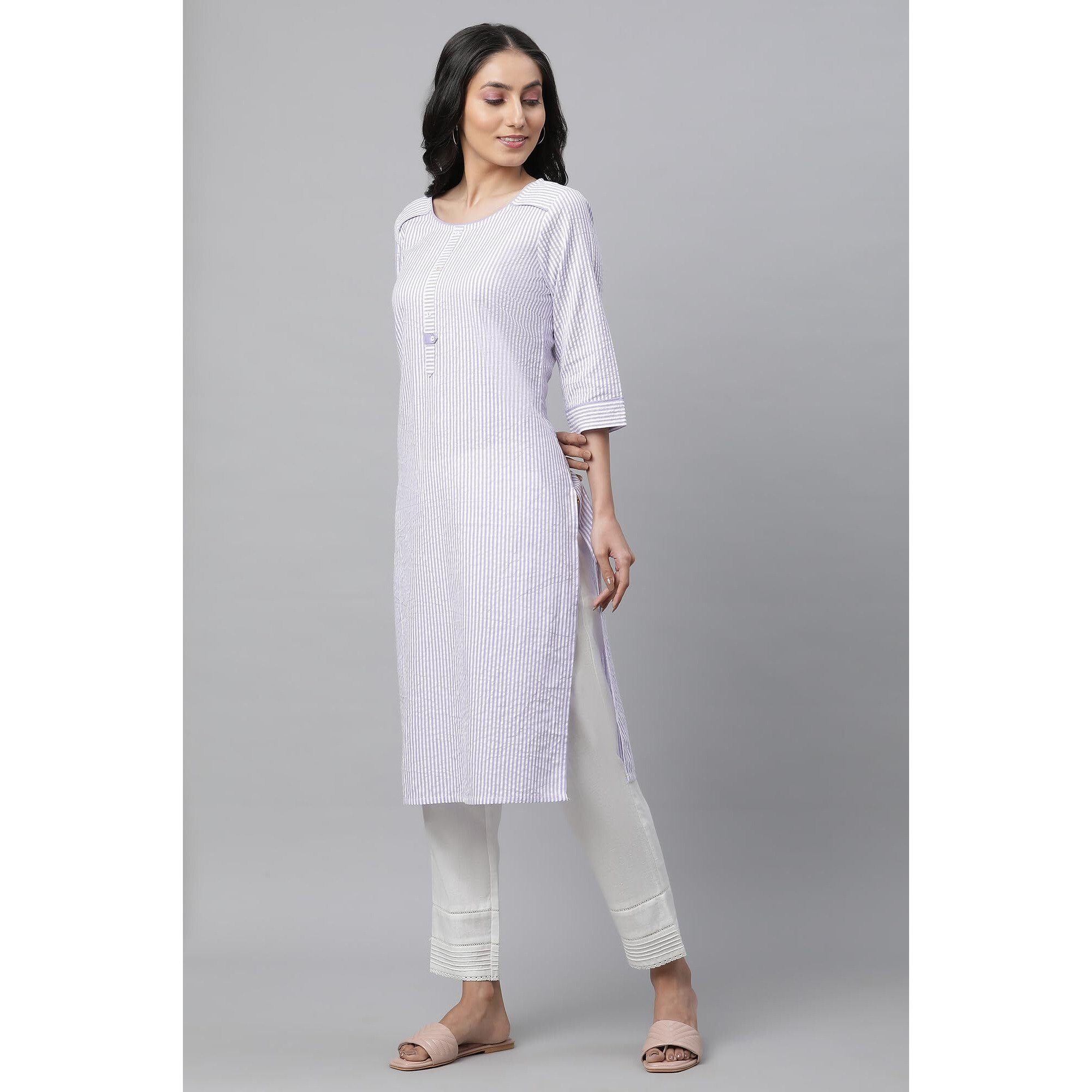 Aurelia Purple Striped Cotton Regular Kurta For Women