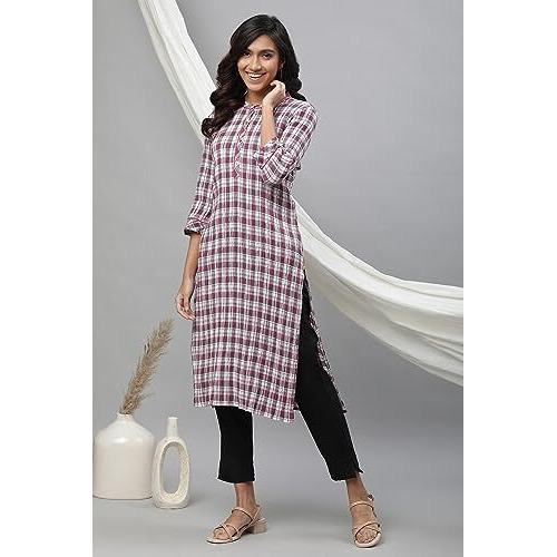 Aurelia Women's White Checks Yarn Dyed Lycra Straight Kurta_23Aua14305-704327_L