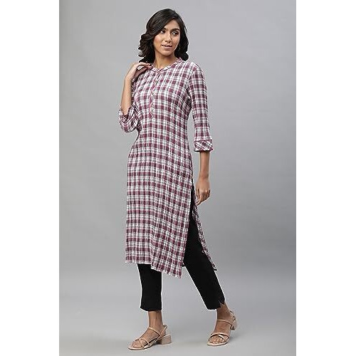 Aurelia Women's White Checks Yarn Dyed Lycra Straight Kurta_23Aua14305-704327_L