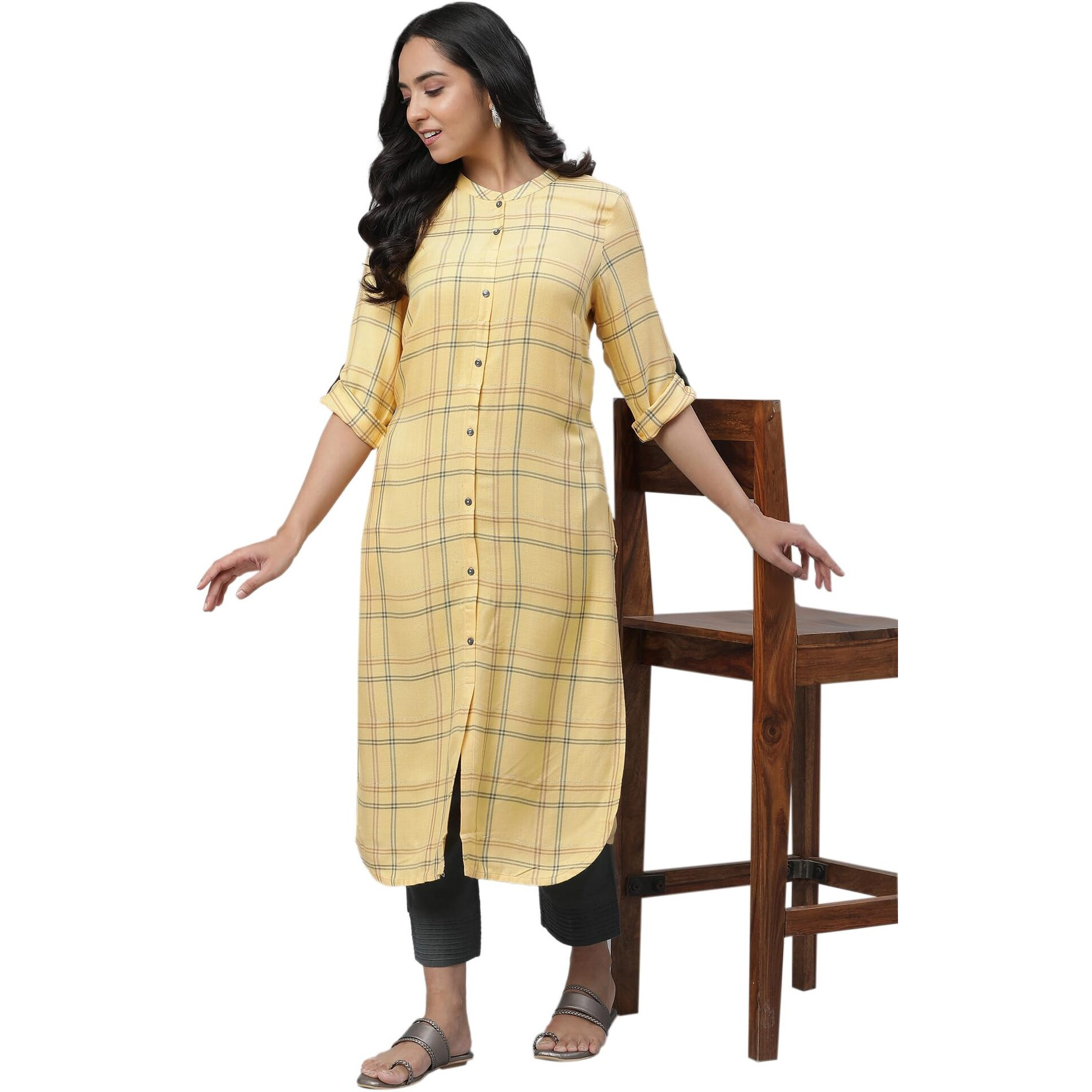 Aurelia Women's Pale Yellow Checks Yarn Dyed Rayon Twill Straight Kurta_23Aua14302-704342_L