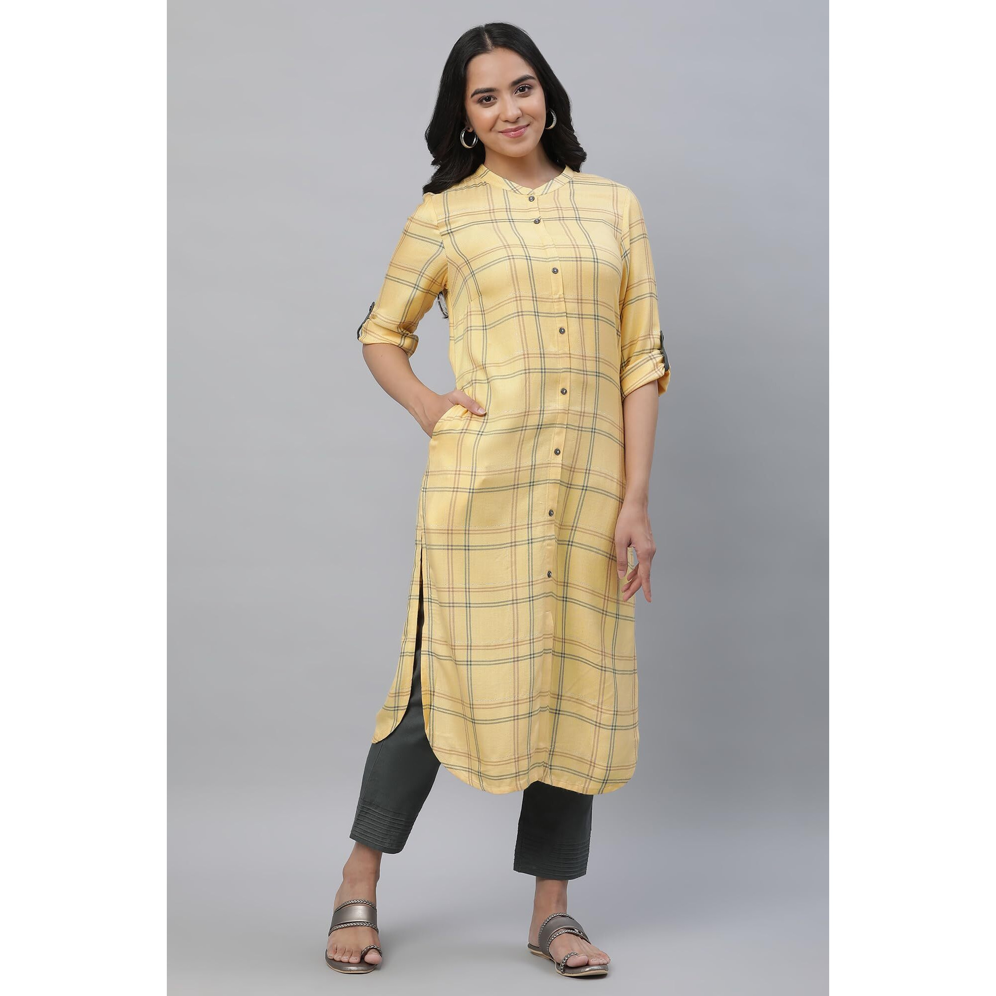 Aurelia Women's Pale Yellow Checks Yarn Dyed Rayon Twill Straight Kurta_23Aua14302-704342_L