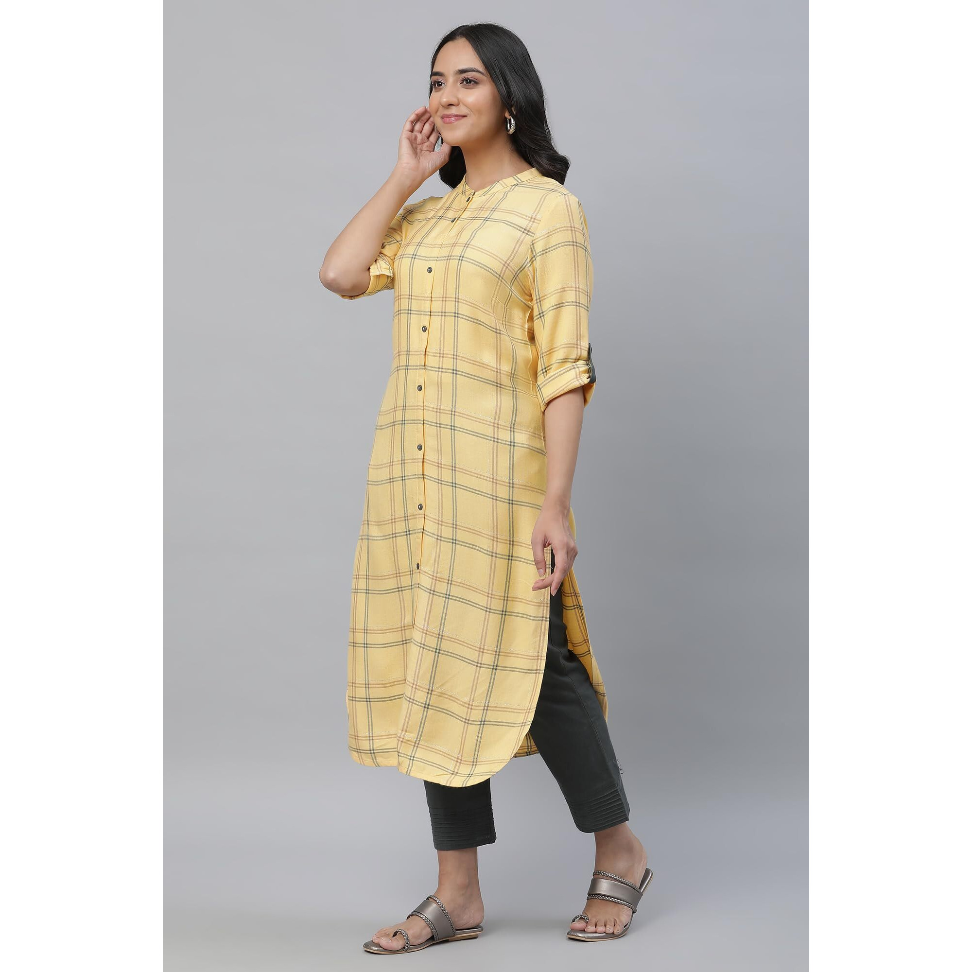 Aurelia Women's Pale Yellow Checks Yarn Dyed Rayon Twill Straight Kurta_23Aua14302-704342_L
