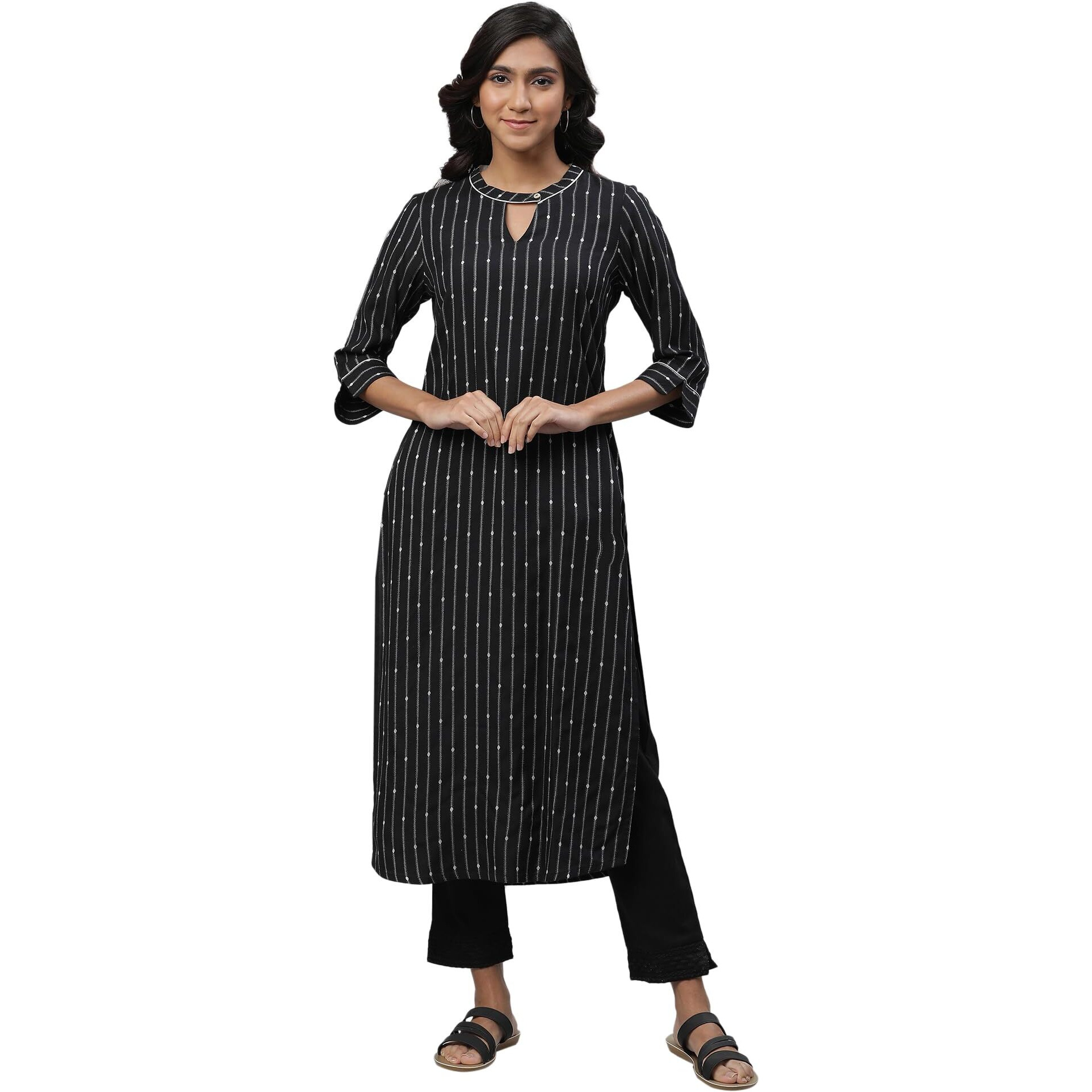 Aurelia Women's Black Stripes Yarn Dyed Dobby Straight Kurta_23Aua14452-701933_M