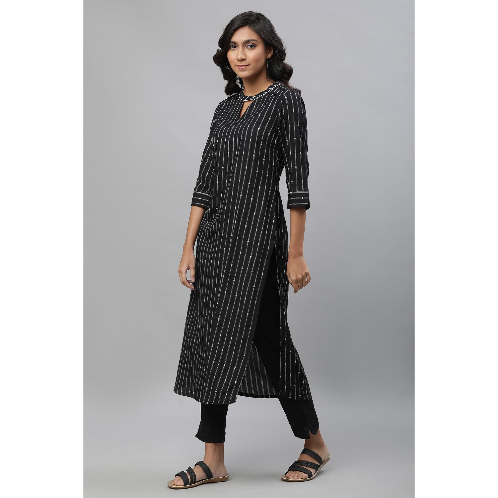 Aurelia Women's Black Stripes Yarn Dyed Dobby Straight Kurta_23Aua14452-701933_M