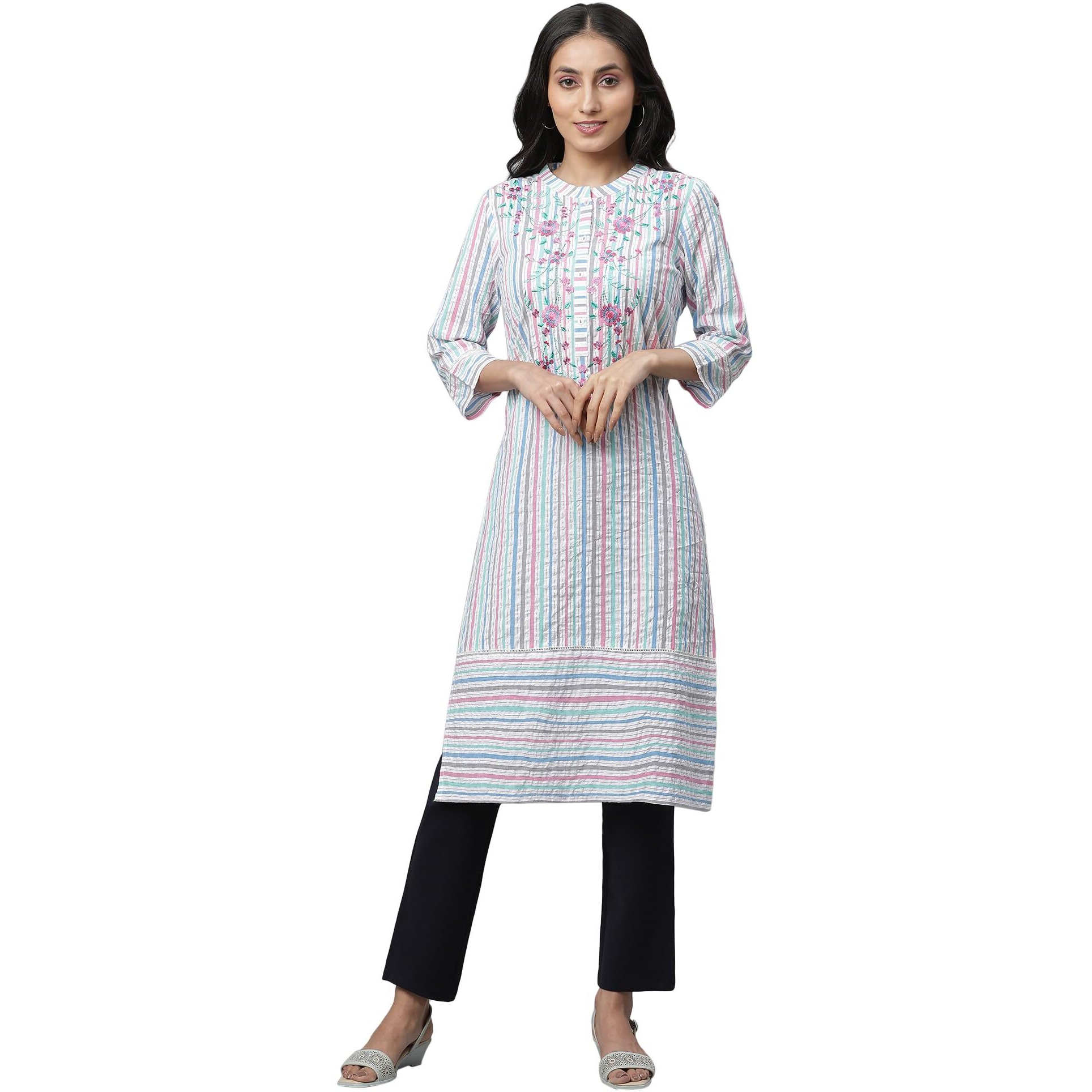 Aurelia Multi Striped Thread Embroidered Cotton Regular Kurta For Women