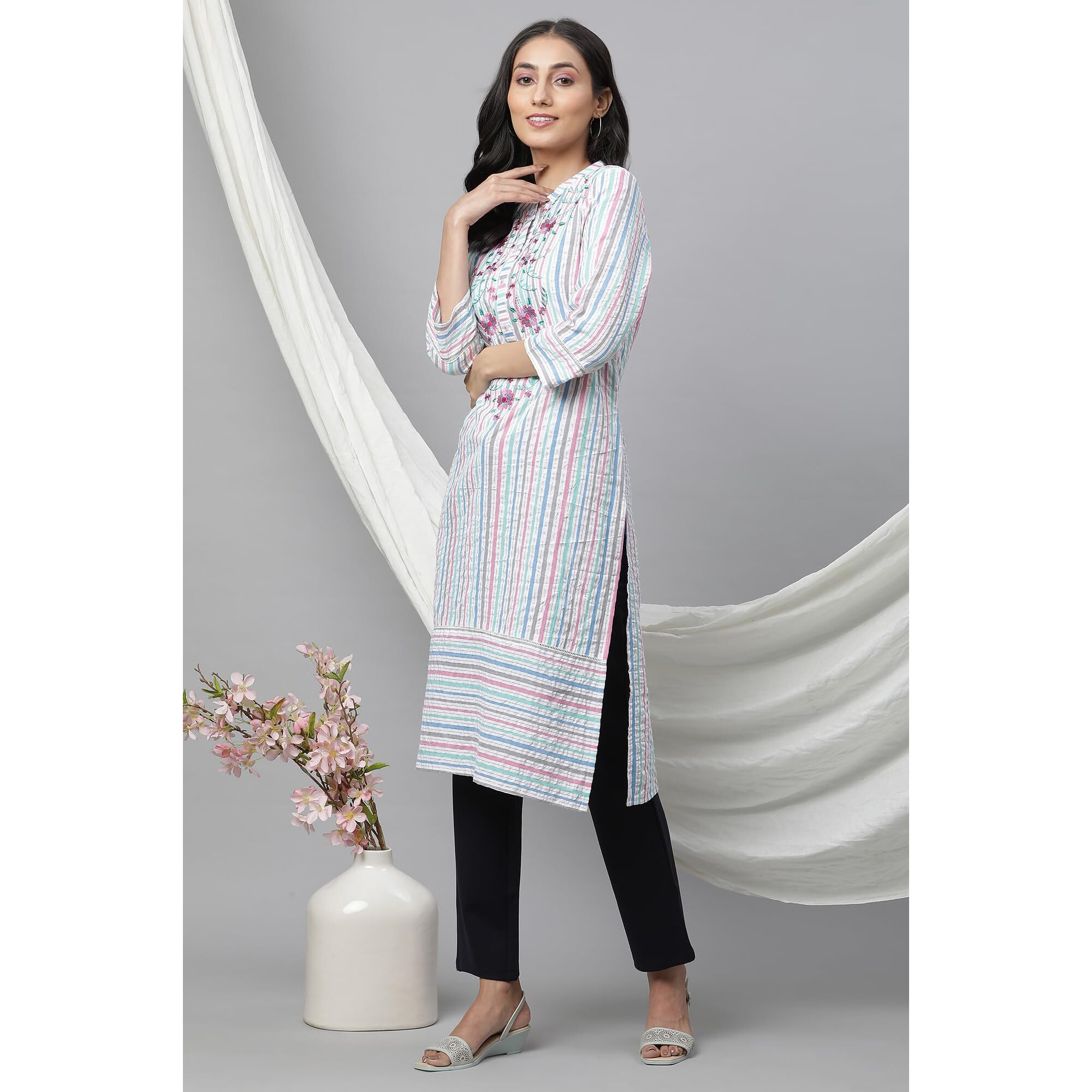 Aurelia Multi Striped Thread Embroidered Cotton Regular Kurta For Women